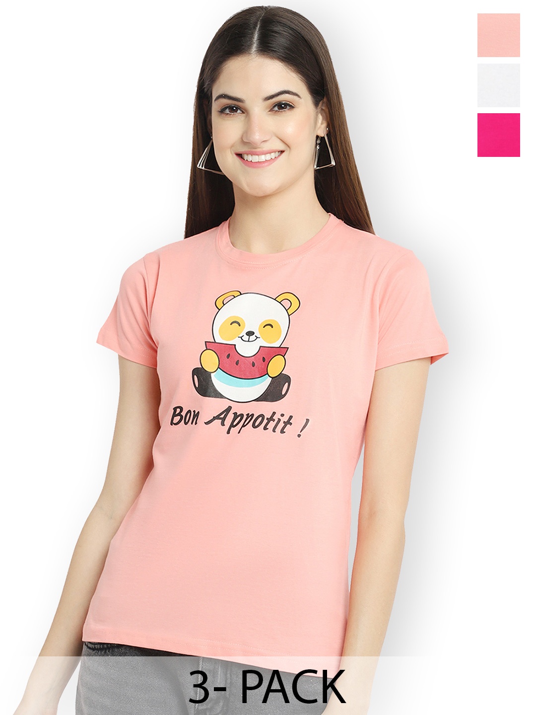 

Fabflee Women Multicoloured 3 Printed V-Neck Applique T-shirt, Multi