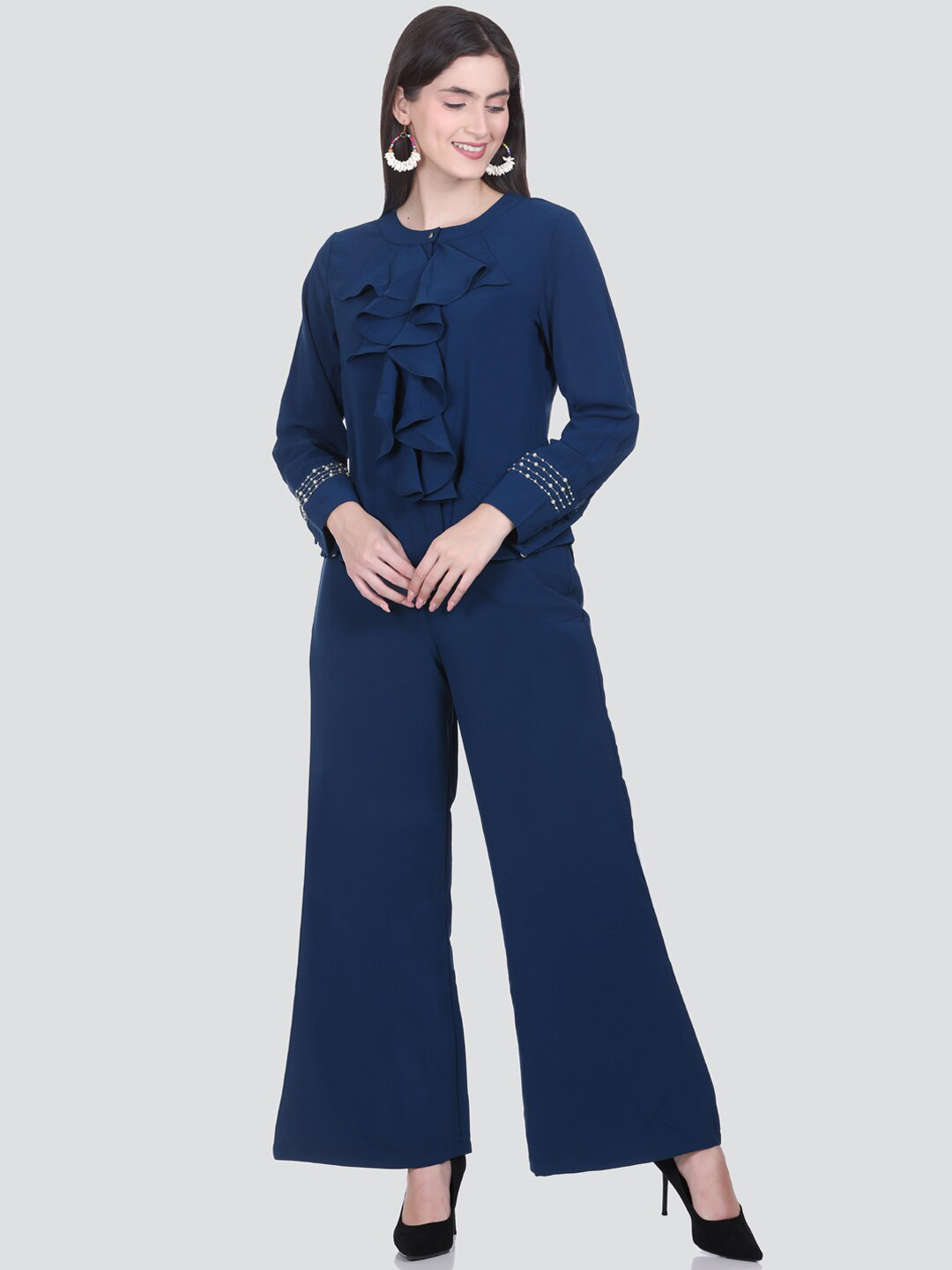 

HONNETE Round Neck Top With Flared Palazzos Co-Ords, Blue