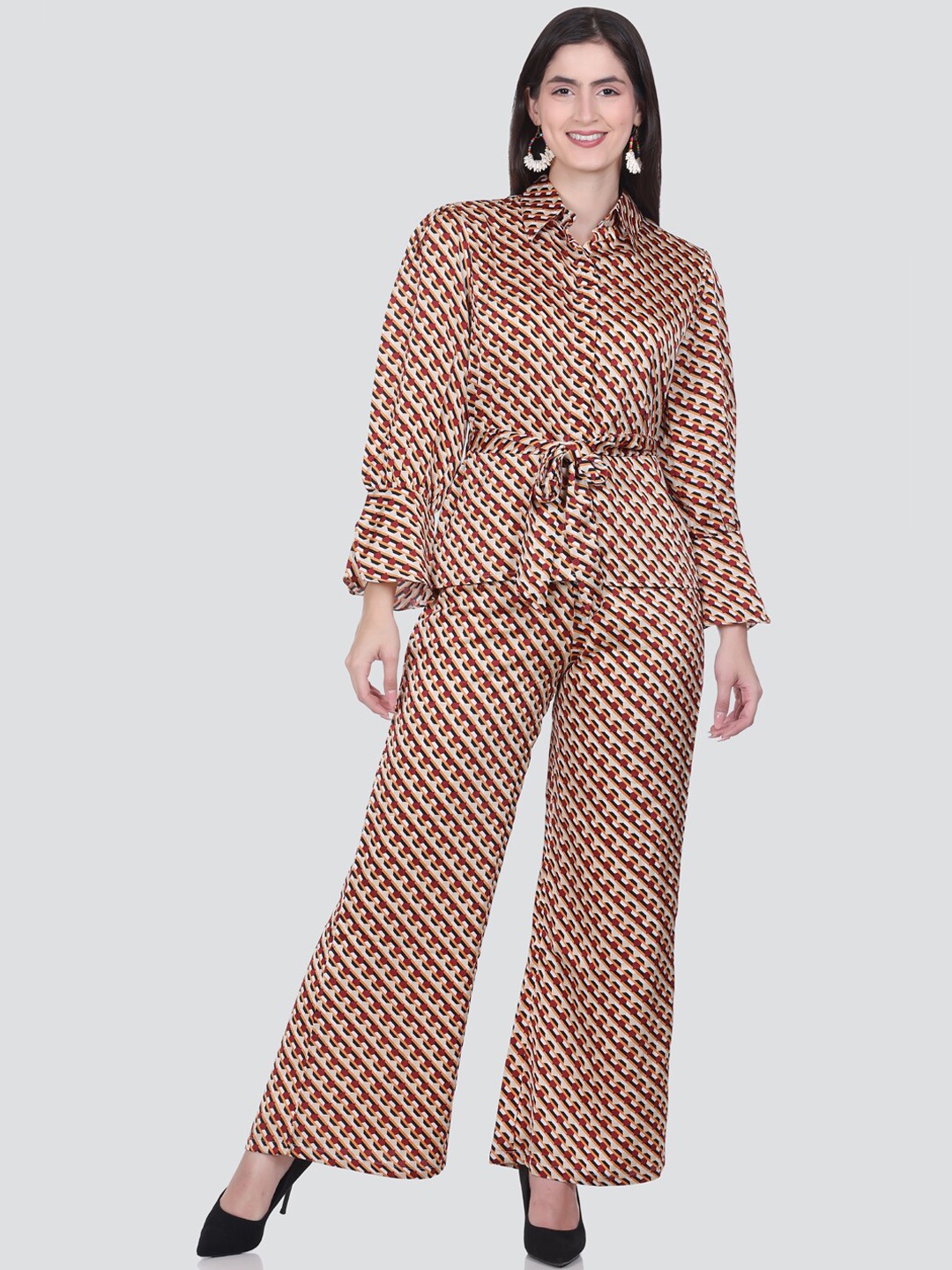 

HONNETE Women Printed Pure Silk Shirt & Palazzo, Maroon