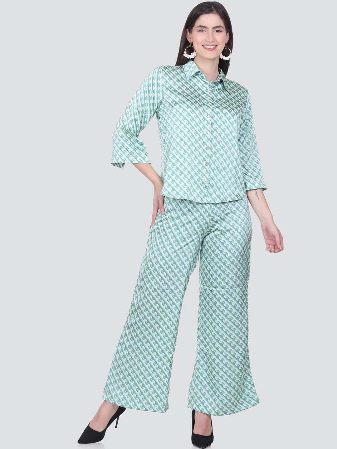 

HONNETE Floral Printed Shirt & Palazzo, Sea green