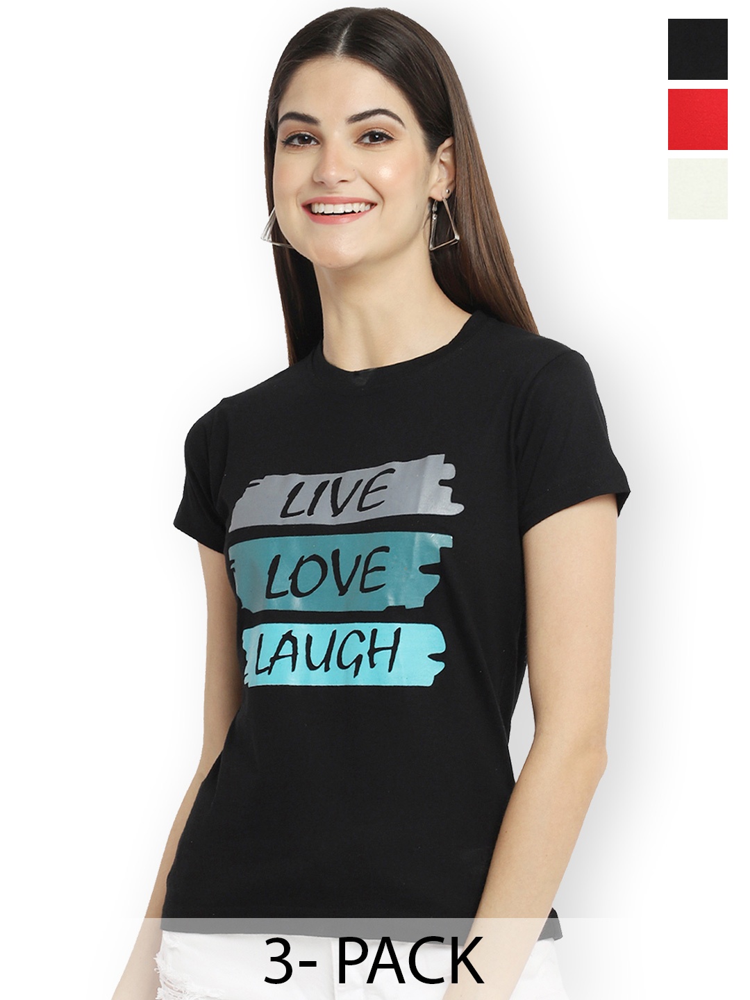 

Fabflee Women Multicoloured 3 Printed Applique T-shirt, Multi
