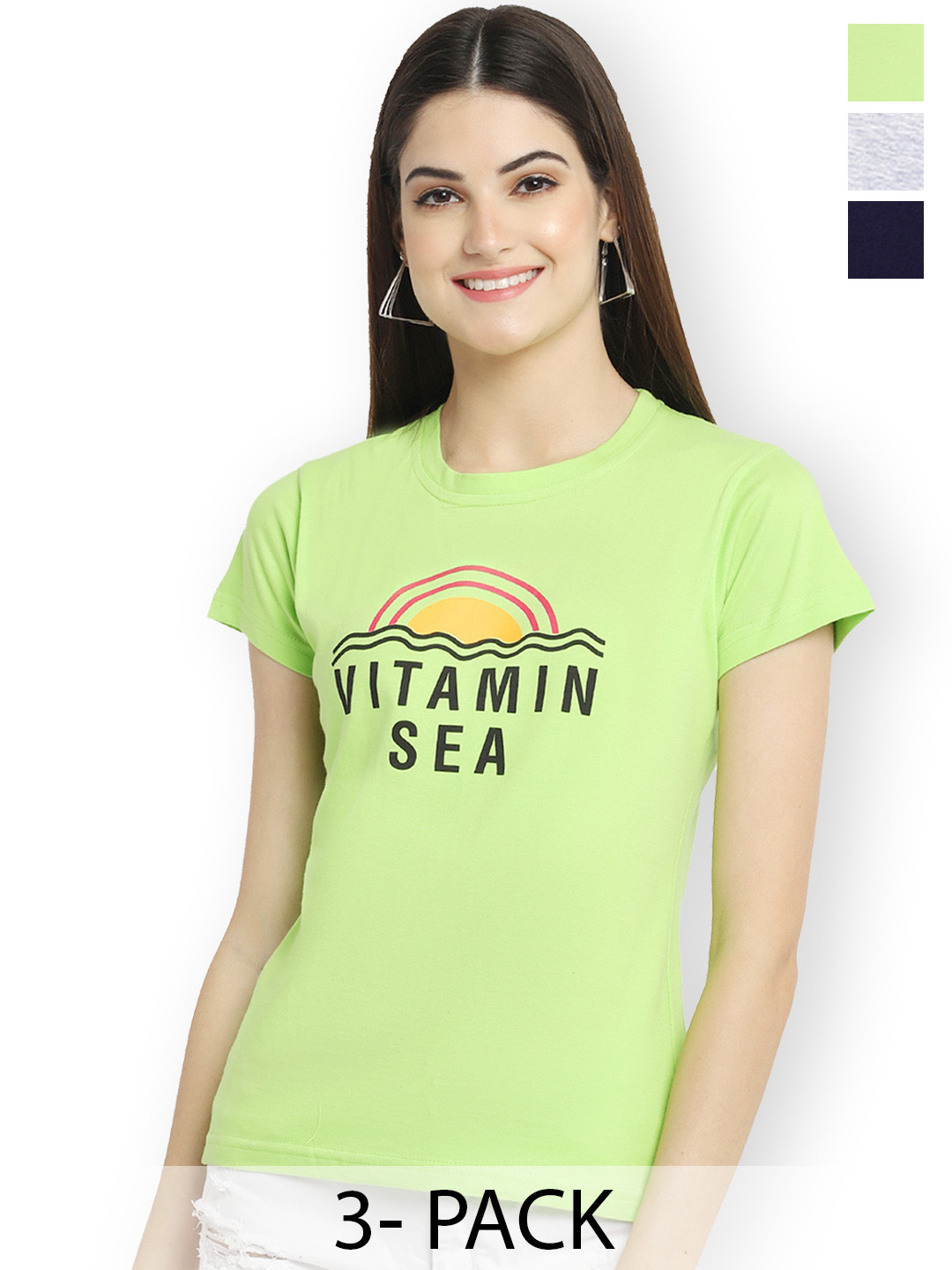 

Fabflee Women Multicoloured 3 Printed V-Neck Extended Sleeves Applique T-shirt, Multi