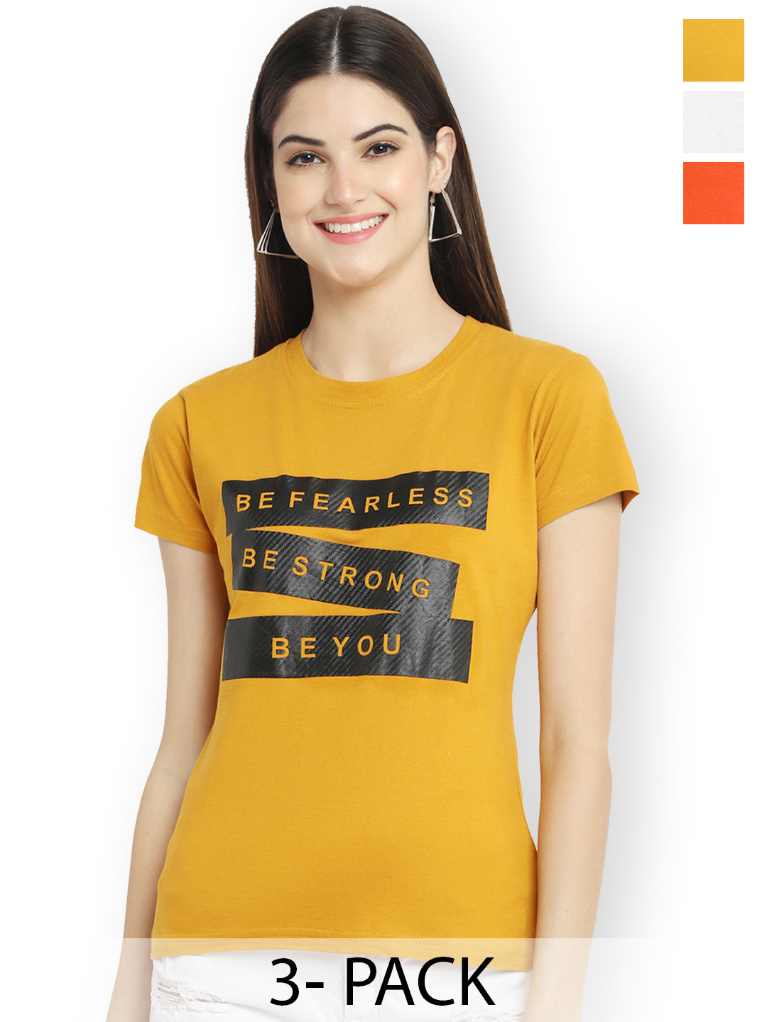 

Fabflee Women Multicoloured 3 Printed Extended Sleeves Applique T-shirt, Multi