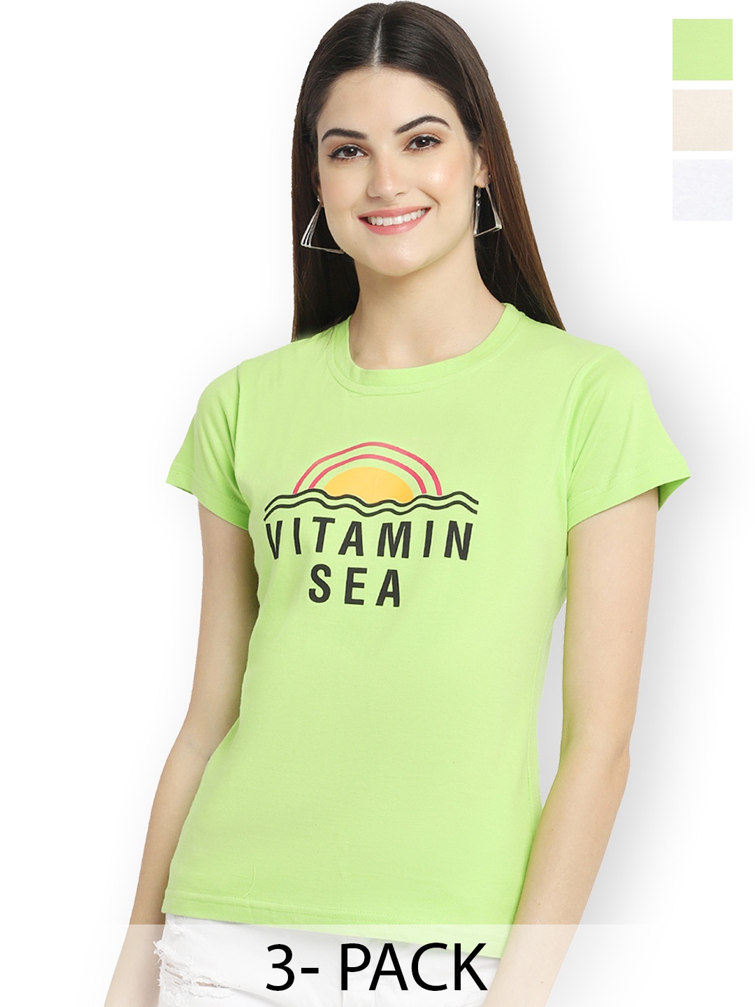 

Fabflee Women Multicoloured 3 Printed Extended Sleeves Applique T-shirt, Multi