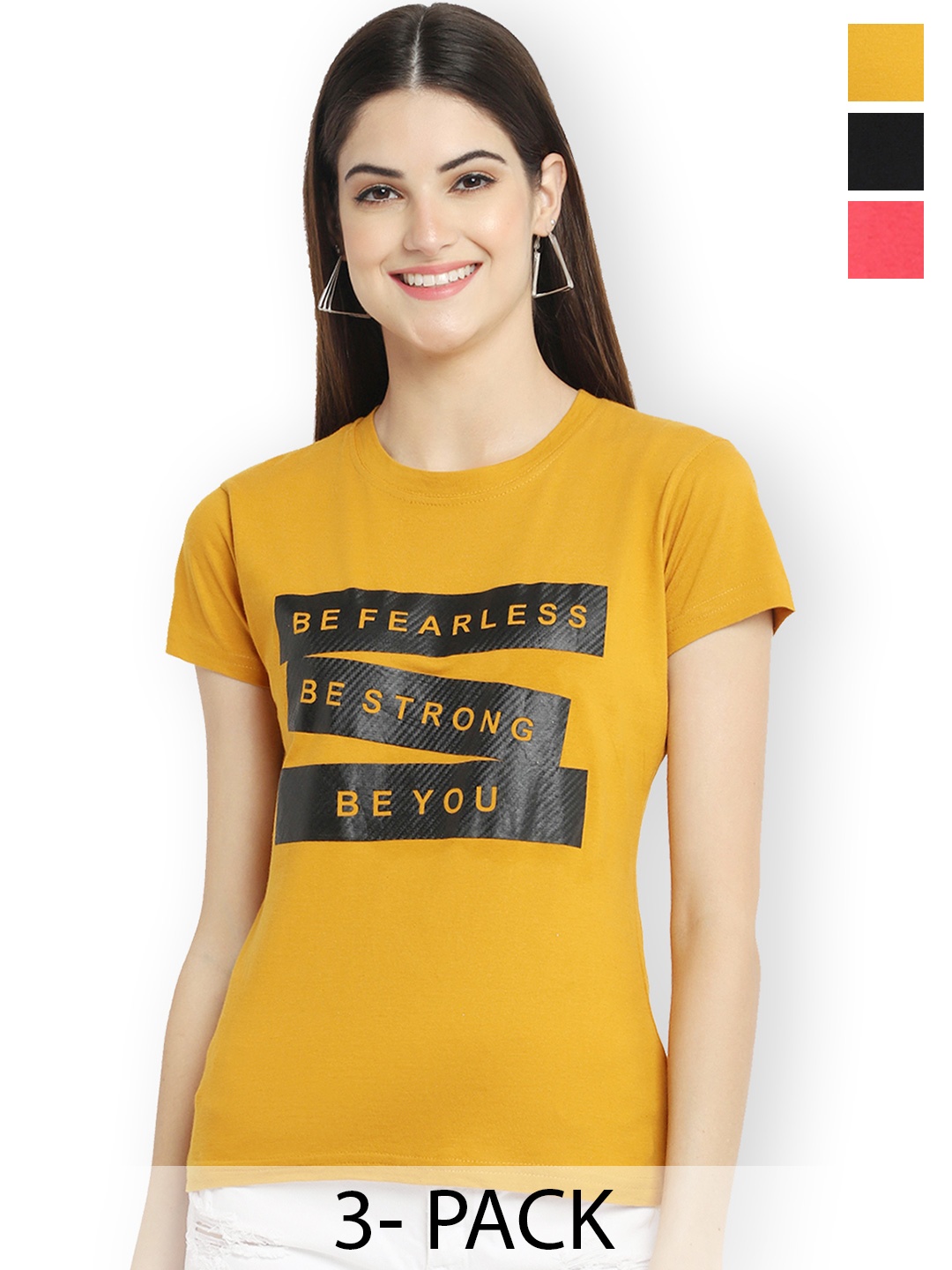 

Fabflee Women Multicoloured 3 Printed V-Neck Applique T-shirt, Multi