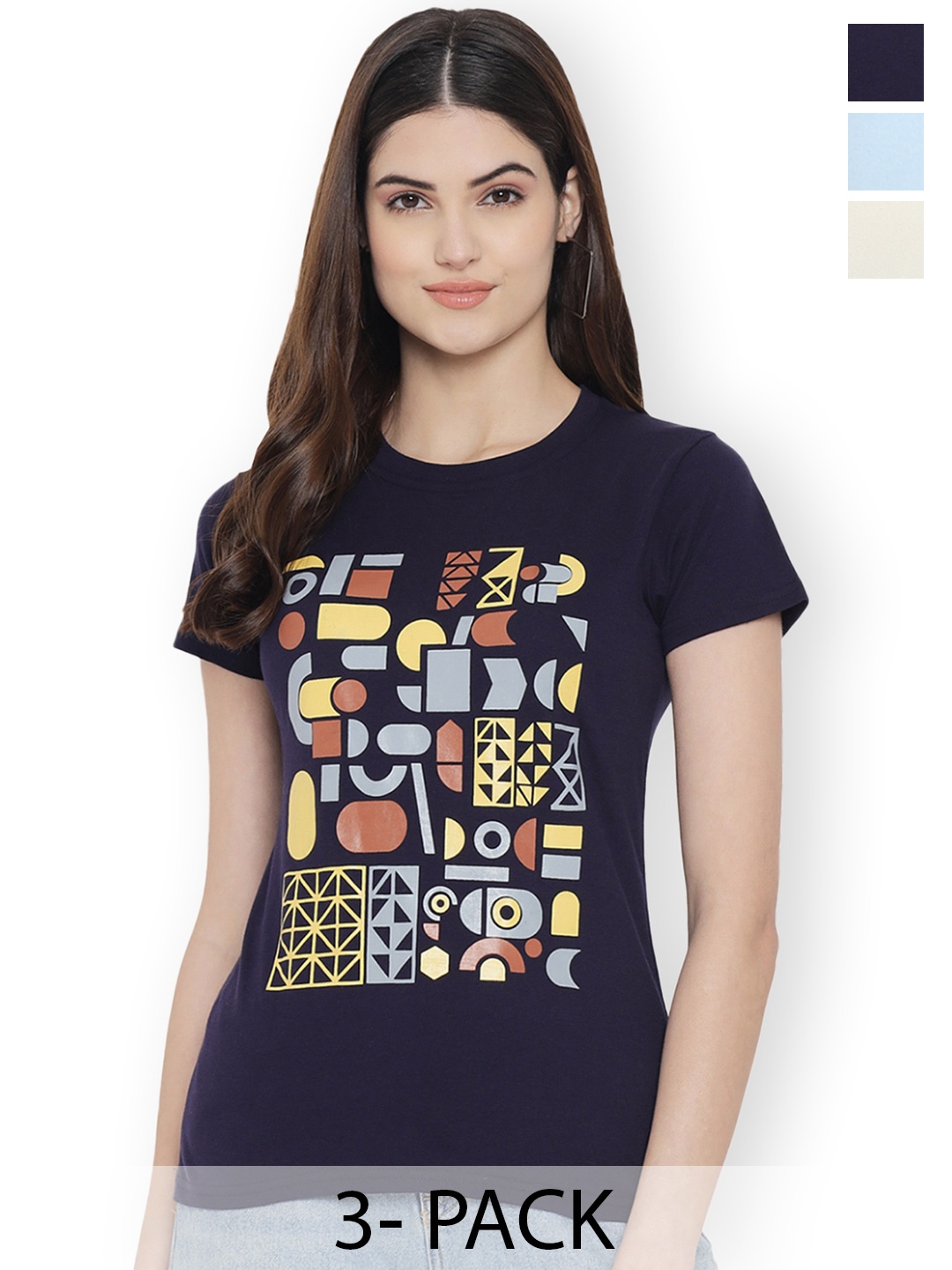 

Fabflee Women Multicoloured 3 Printed Applique T-shirt, Multi