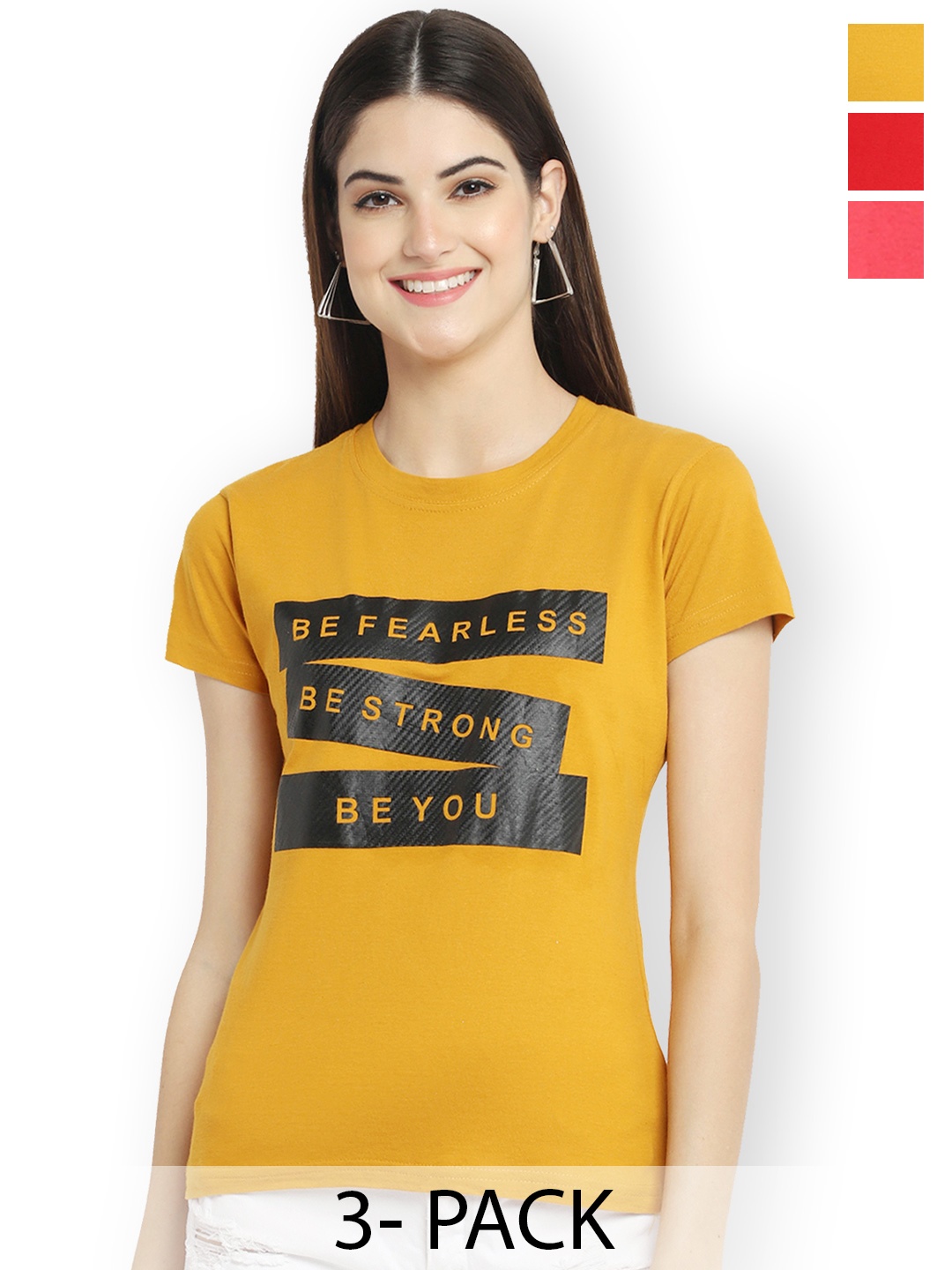 

Fabflee Women Multicoloured 3 Printed V-Neck Applique T-shirt, Multi