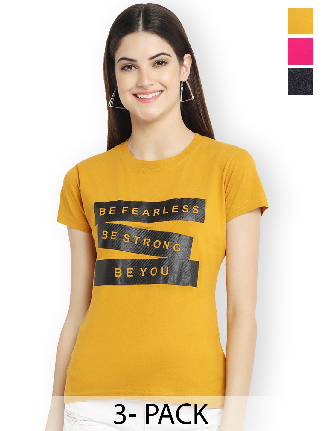 

Fabflee Women Multicoloured 3 Printed V-Neck Applique T-shirt, Multi