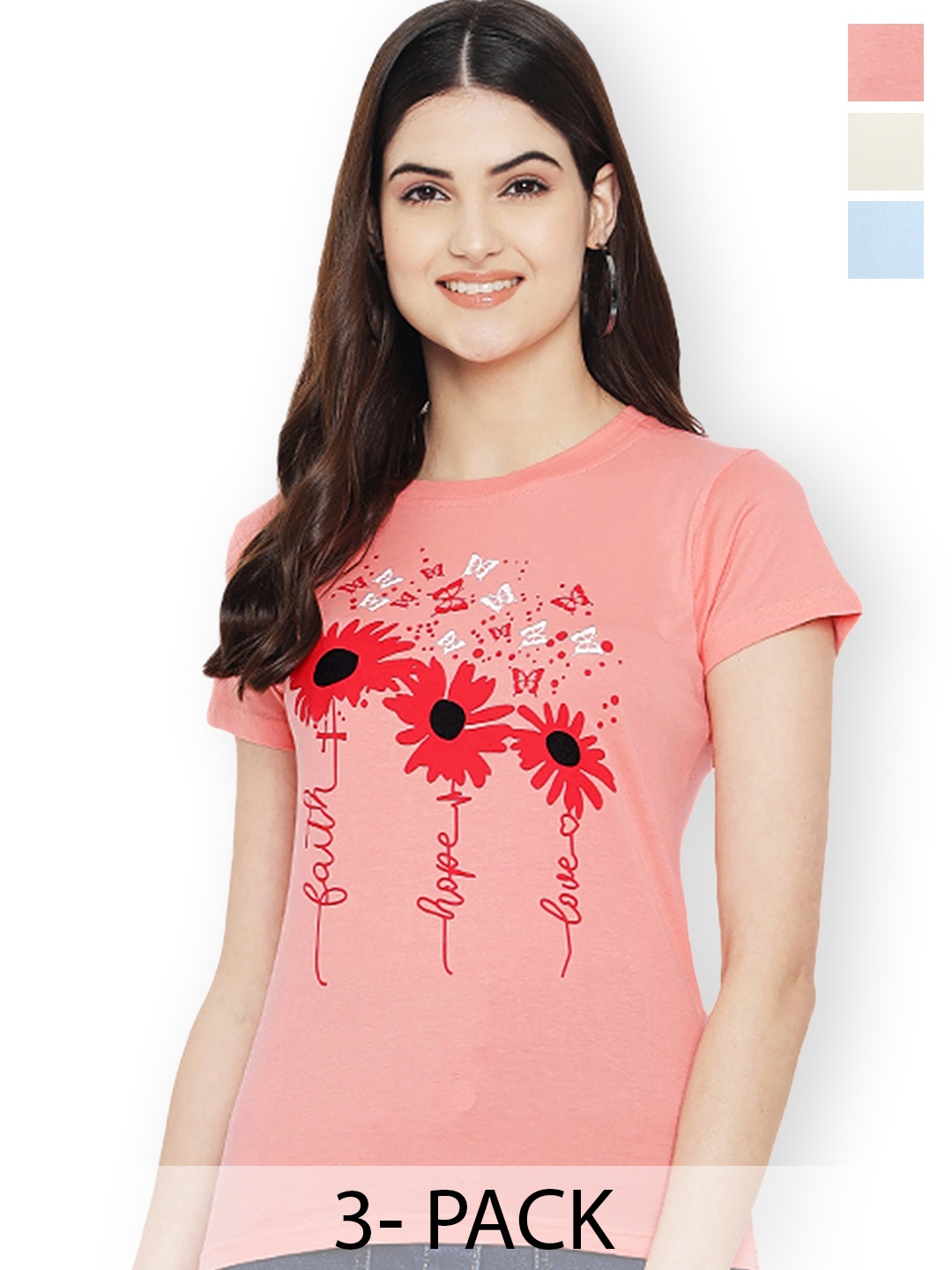 

Fabflee Women Multicoloured 3 Printed T-shirt, Multi