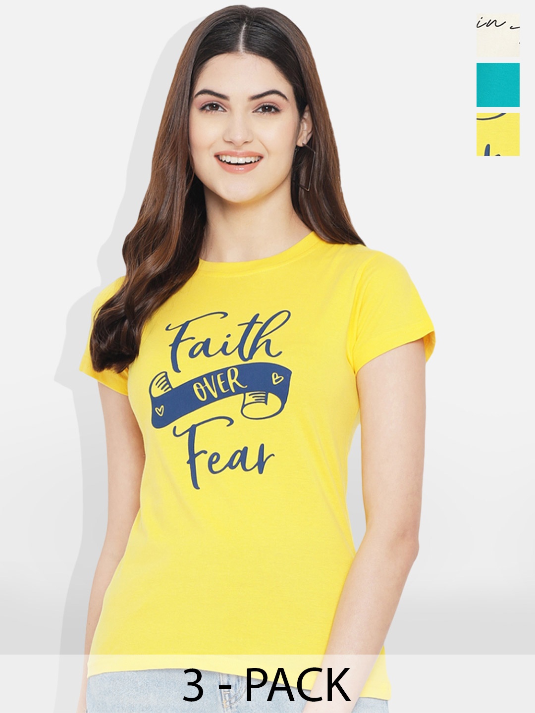 

Fabflee Pack Of 3 Printed Round Neck Cotton T-shirt, Yellow