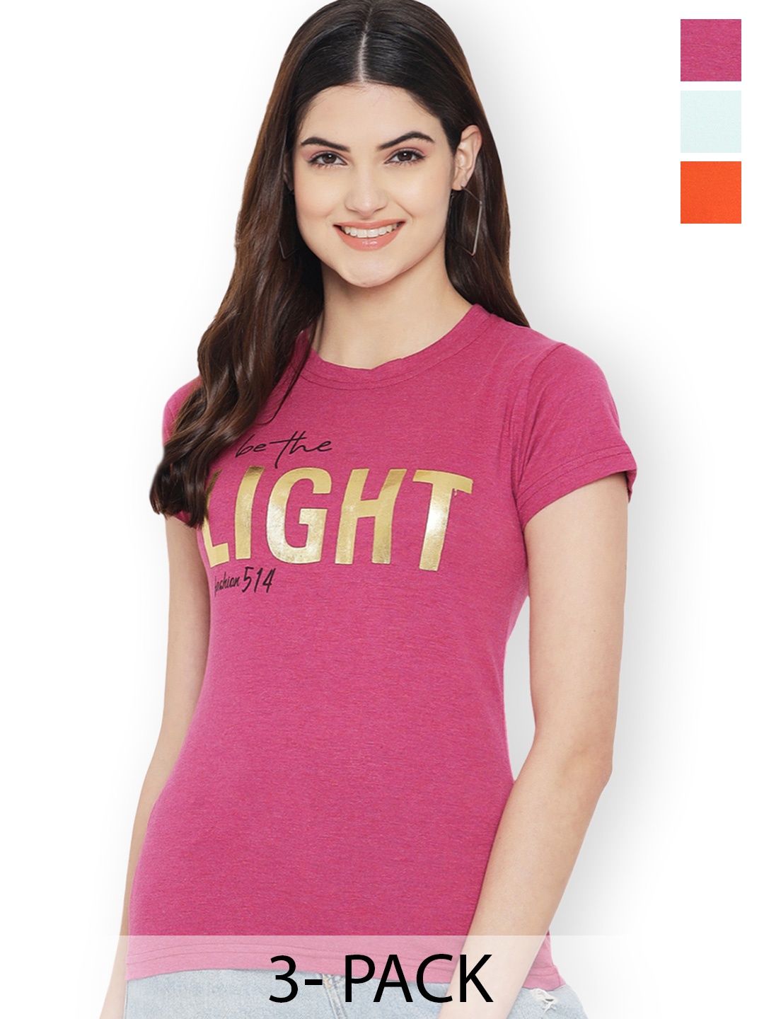 

Fabflee Women Multicoloured 3 Printed Applique T-shirt, Multi