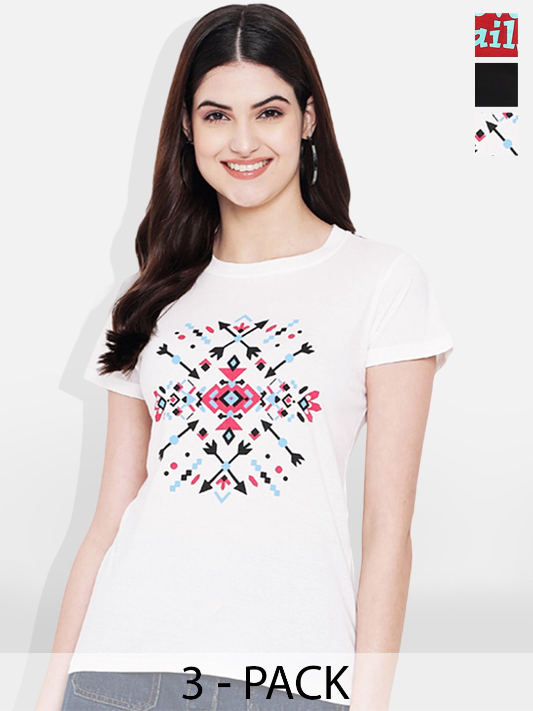 

Fabflee Pack Of 3 Printed Round Neck Cotton T-shirt, Black