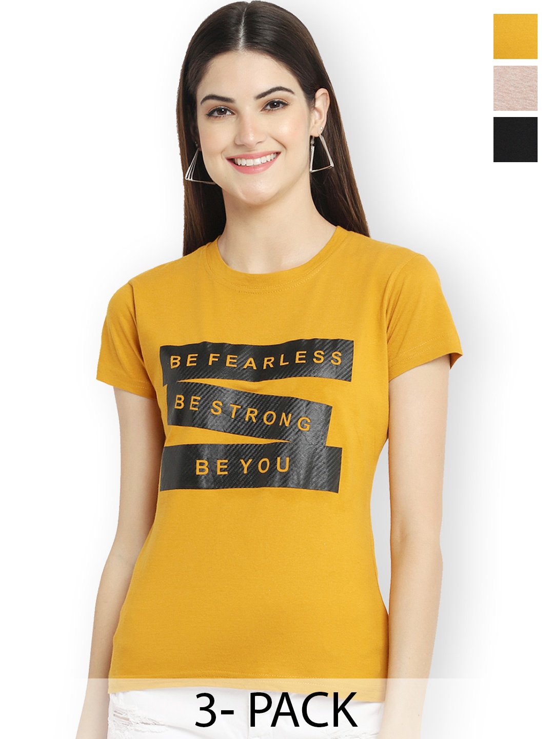 

Fabflee Women Multicoloured 3 V-Neck Extended Sleeves T-shirt, Multi