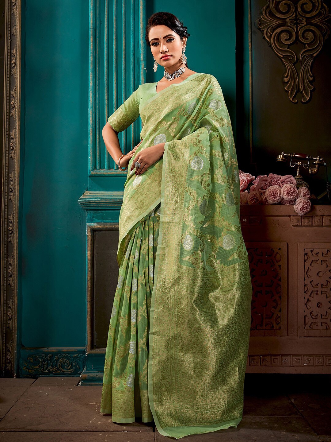 

Satrani Floral Woven Design Zari Pure Linen Banarasi Saree, Green