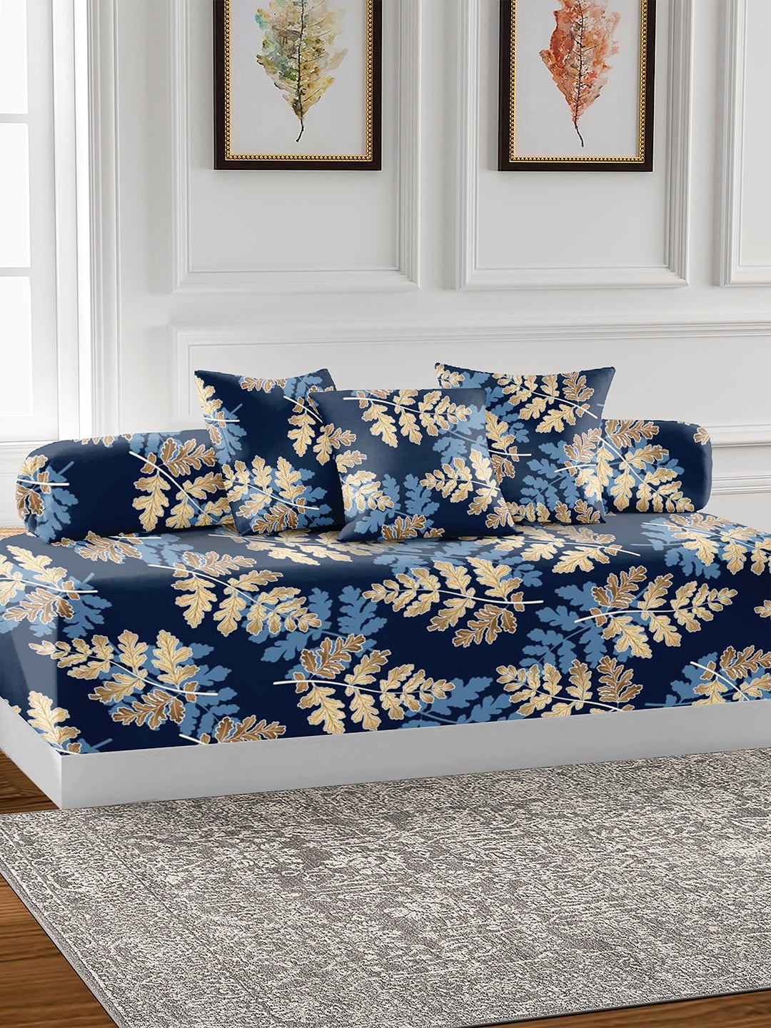 

AEROHAVEN Blue & Beige 6 Pieces Floral Printed Cotton 210 TC Diwan Set