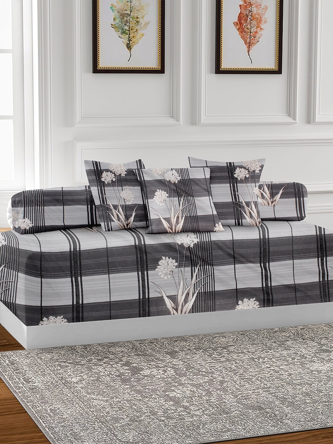 

AEROHAVEN Grey & Black 6 Pieces Checked Premium Glace Cotton 210TC Diwan Set