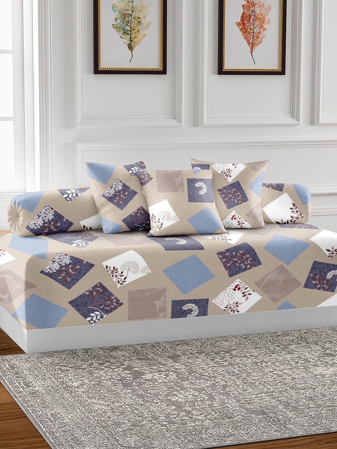 

AEROHAVEN Brown & Blue 6 Pieces Abstract Printed Cotton 210 TC Diwan Set