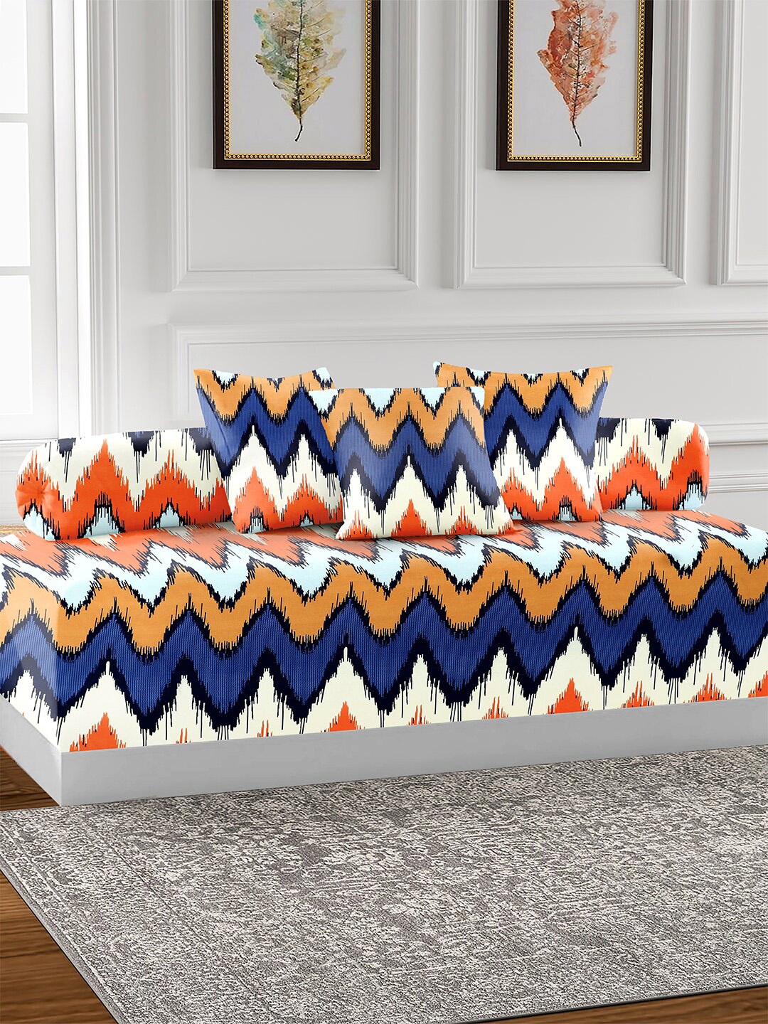 

AEROHAVEN Blue & Orange 6 Pieces Abstract Printed Pure Cotton Diwan Set