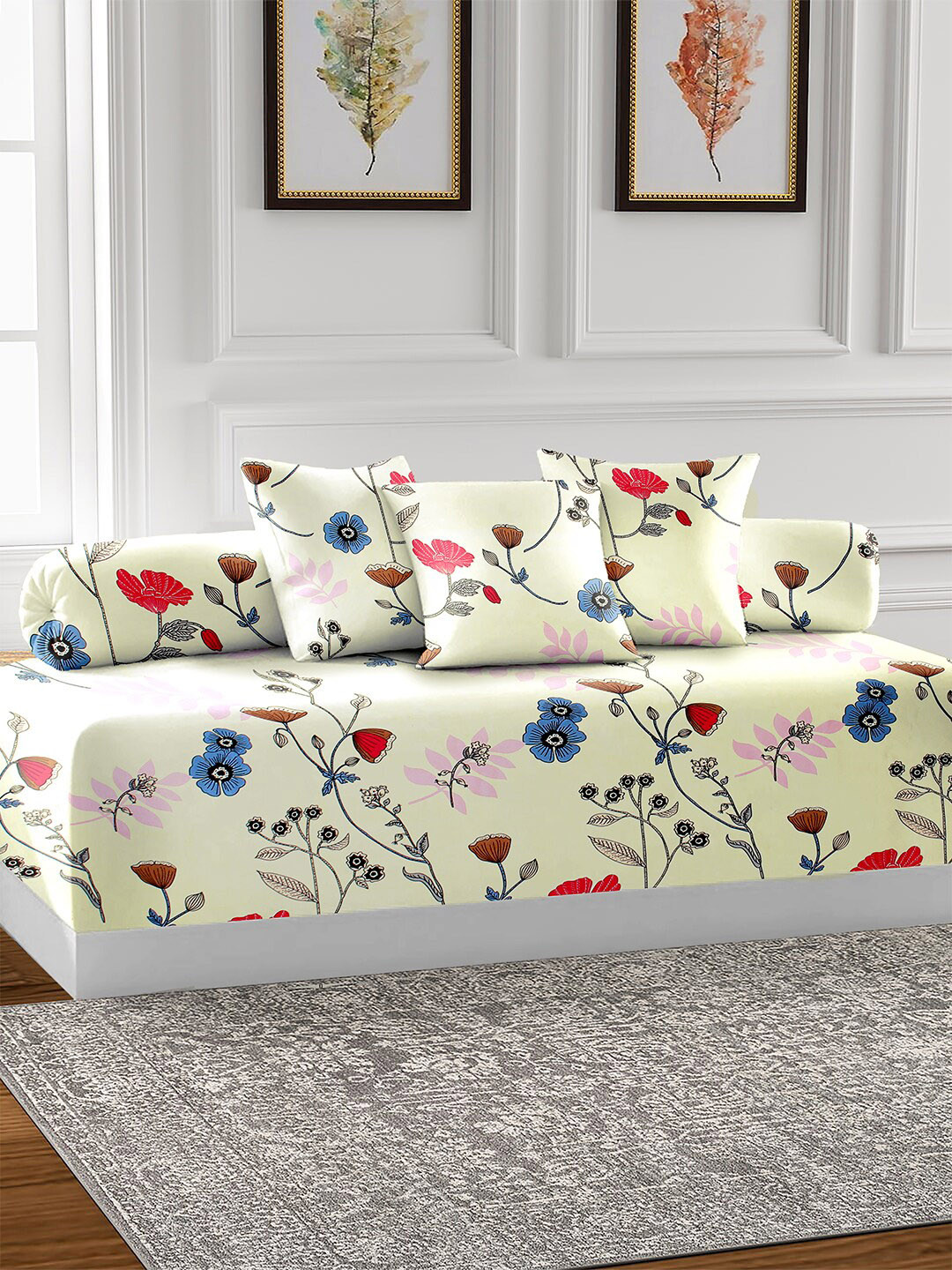 

AEROHAVEN Pink & White 6 Pieces Floral Printed Cotton 210 TC Diwan Set, Cream