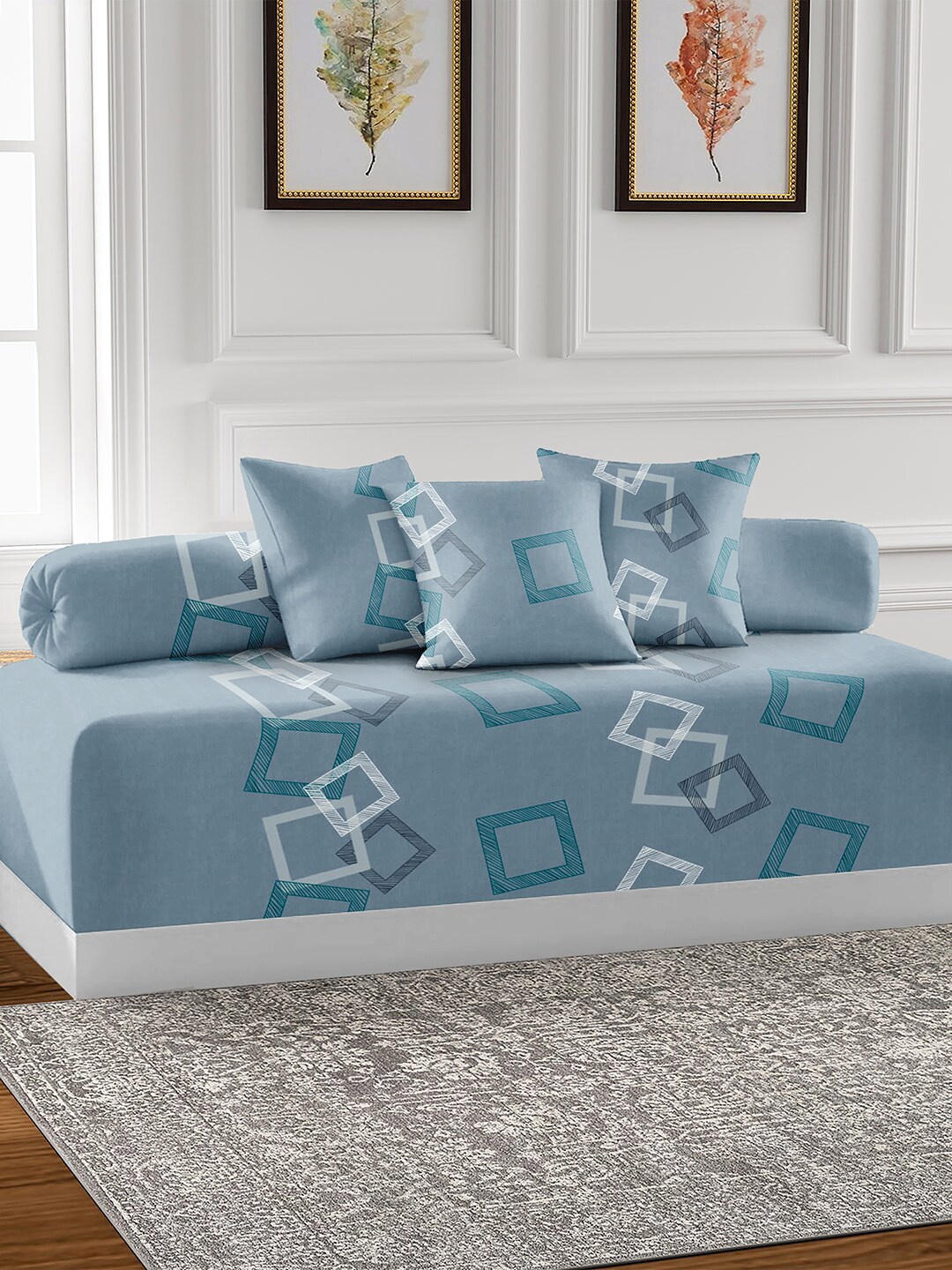 

AEROHAVEN Blue 6 Pieces Geometric Printed 210 TC Pure Cotton Diwan Set