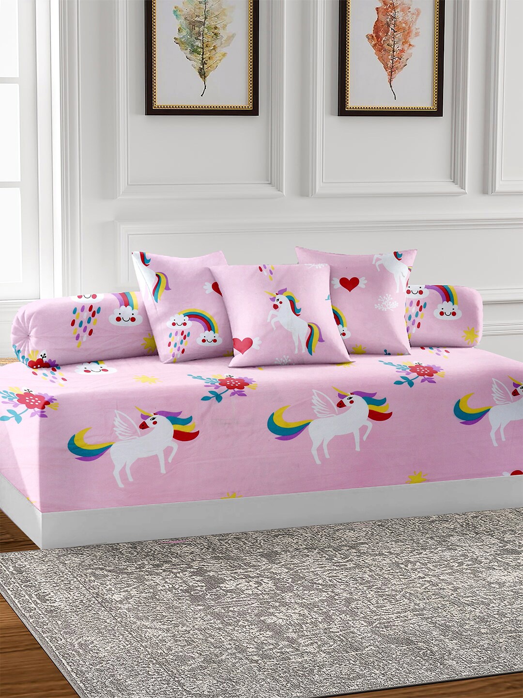 

AEROHAVEN Pink & White 6-Pieces Printed 210 TC Pure Cotton Diwan Set