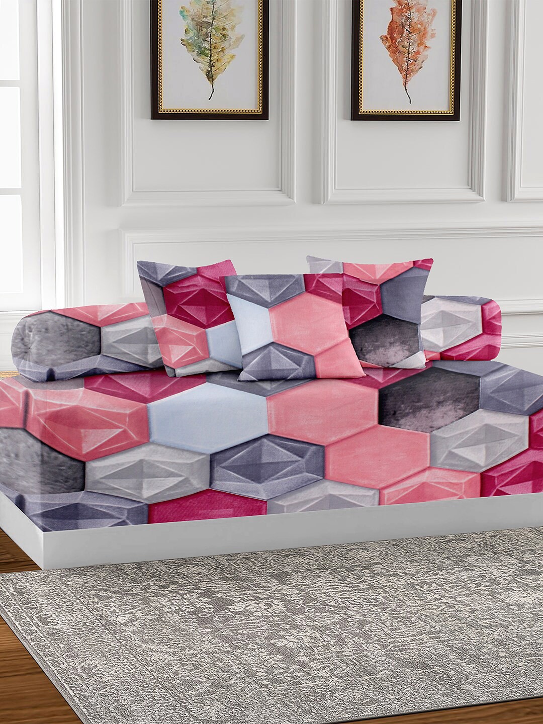 

AEROHAVEN Pink 6 Pieces Geometric Printed Cotton 210 TC Diwan Set