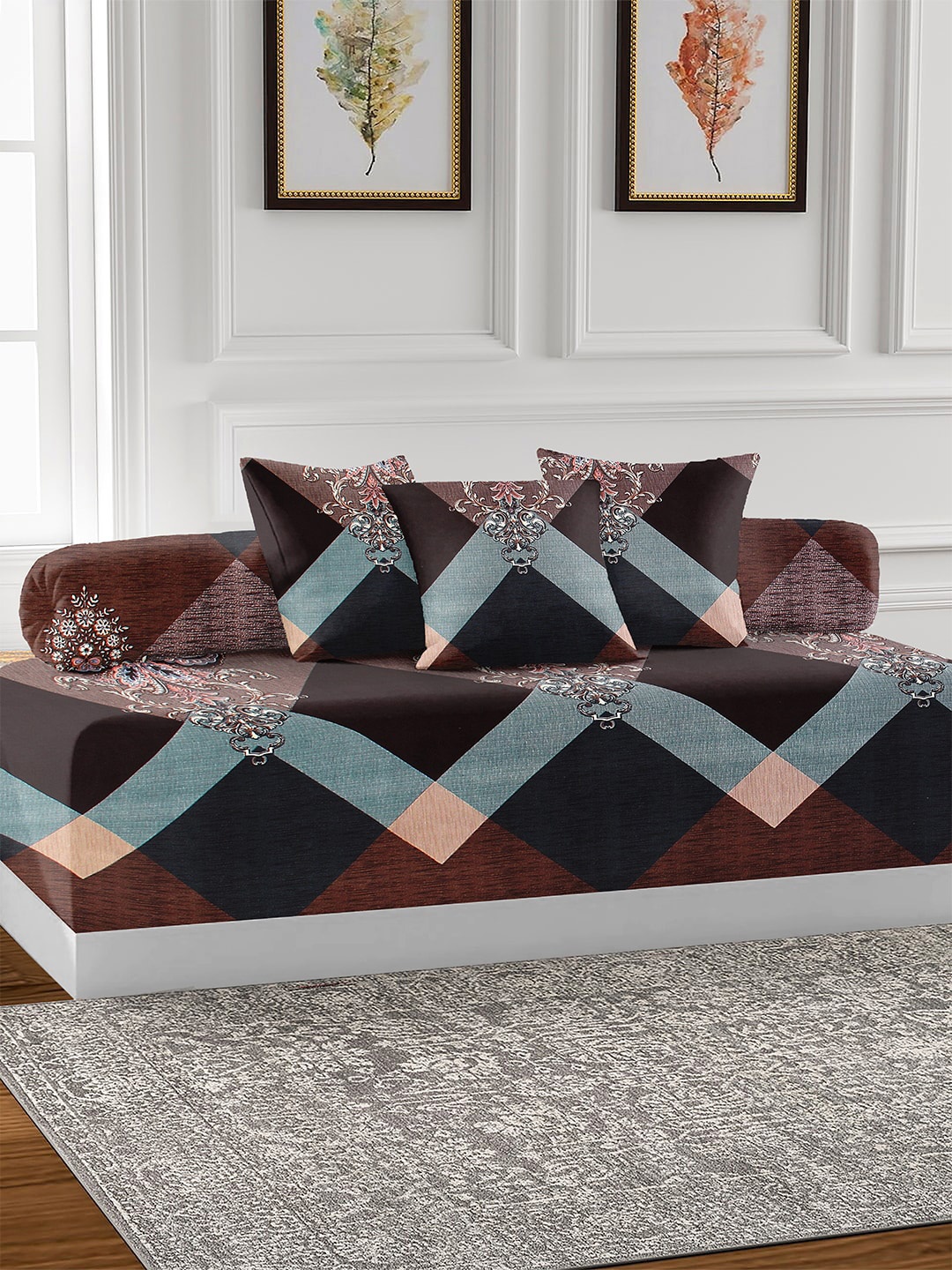 

AEROHAVEN Brown & Green 6 Pieces Printed Cotton 210 TC Diwan Set