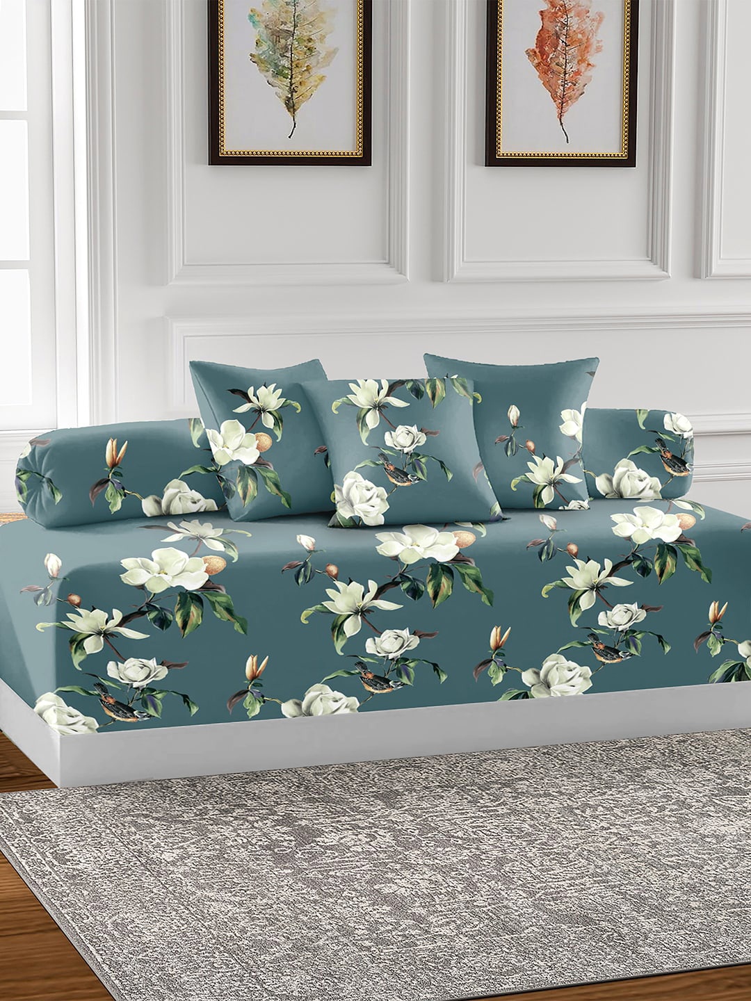 

AEROHAVEN Green & White 6 Pieces Printed Cotton 210 TC Diwan Set