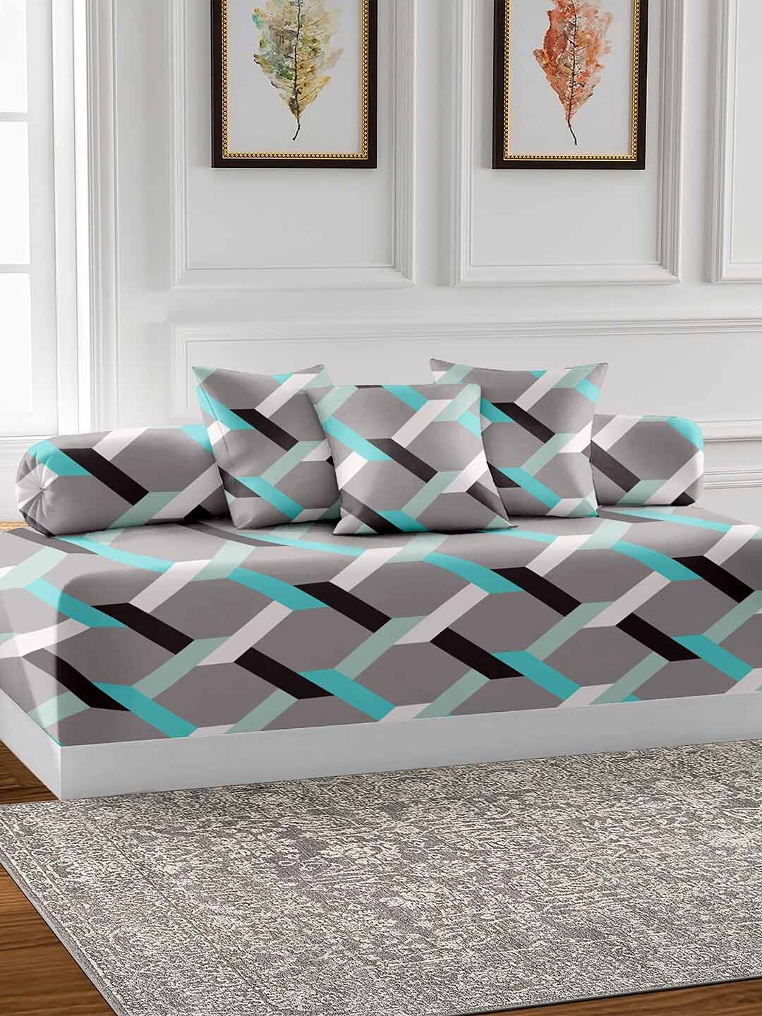 

AEROHAVEN Grey & Blue 6 Pieces Geometric Printed Cotton 210 TC Diwan Set