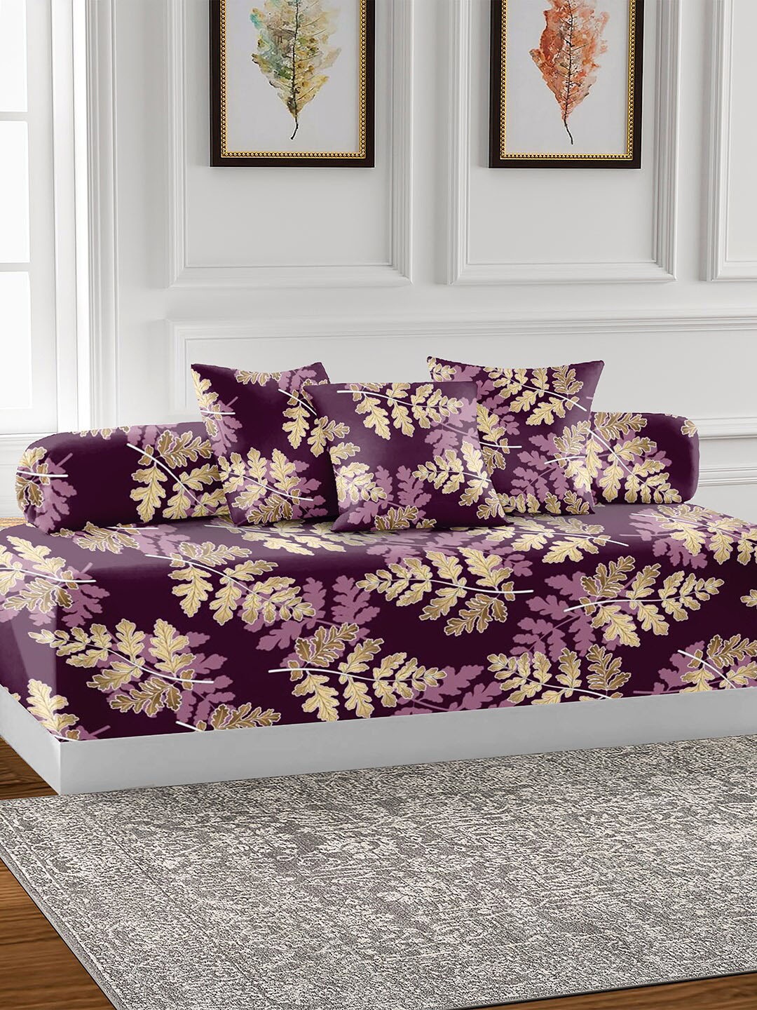 

AEROHAVEN Purple & Gold 6 Pieces Abstract Printed Cotton 210 TC Diwan Set