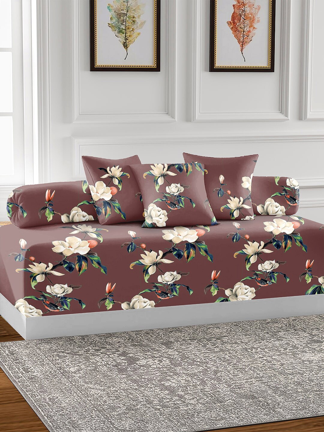 

AEROHAVEN Brown & White 6 Pieces Printed Cotton 210 TC Diwan Set