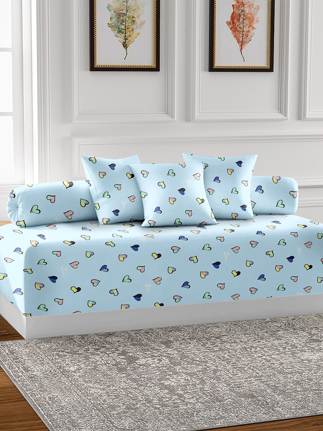 

AEROHAVEN Blue 6 Pieces Printed Cotton 210 TC Diwan Set