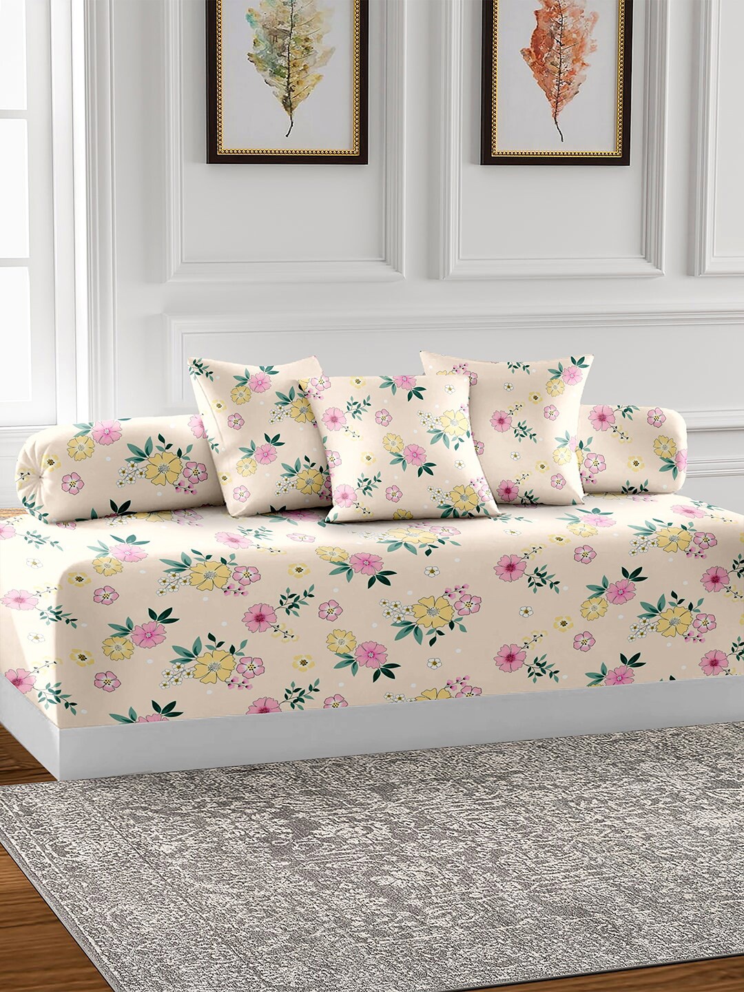 

AEROHAVEN Peach-Colored & Pink 6 Pieces Floral Printed Cotton 210 TC Diwan Set