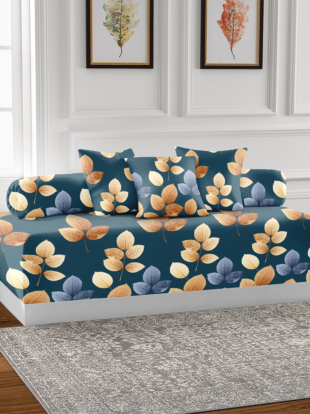 

AEROHAVEN Green & Brown 6 Pieces Floral Printed Cotton 210 TC Diwan Set