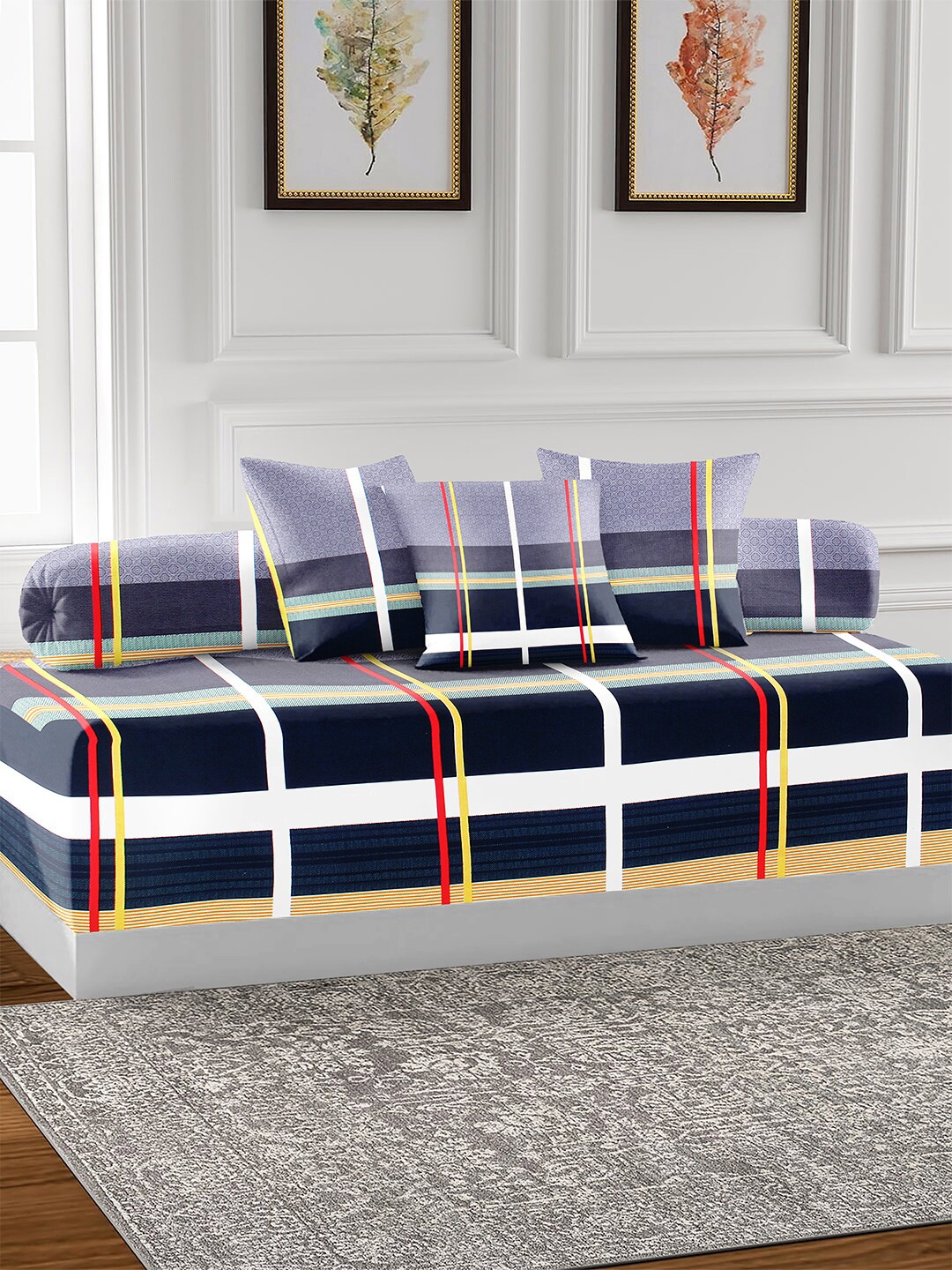 

AEROHAVEN Navy Blue & White 6 Pieces Geometric Printed 210 TC Cotton Diwan Set
