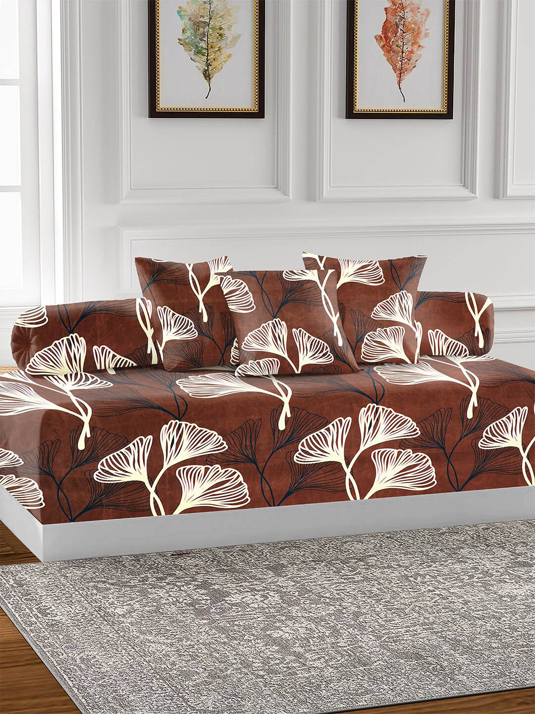 

AEROHAVEN Brown & Beige 6 Pieces Printed Premium Glace Cotton 210TC Diwan Set