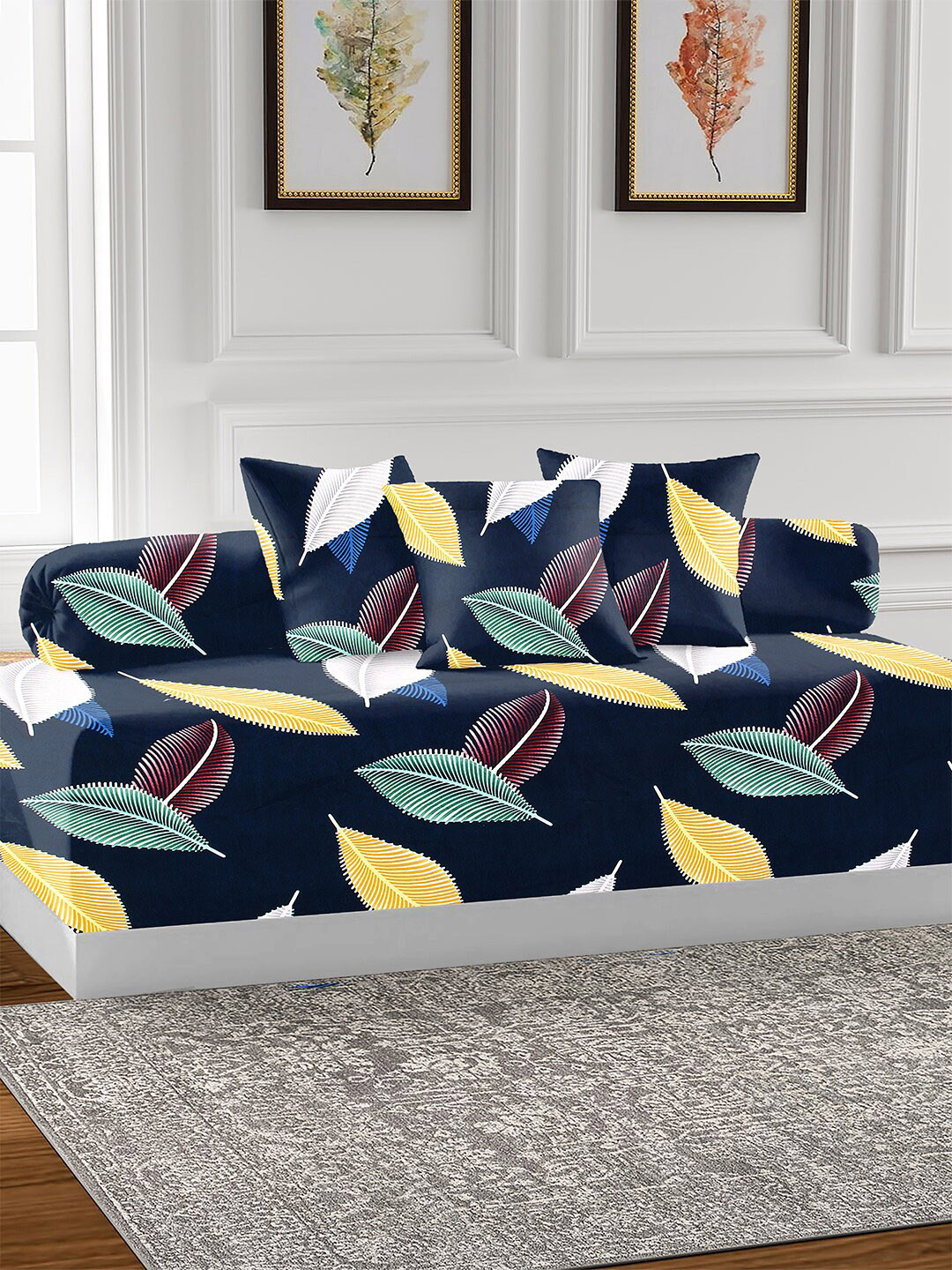 

AEROHAVEN Blue & Yellow 6 Pieces Printed Cotton 210 TC Diwan Set