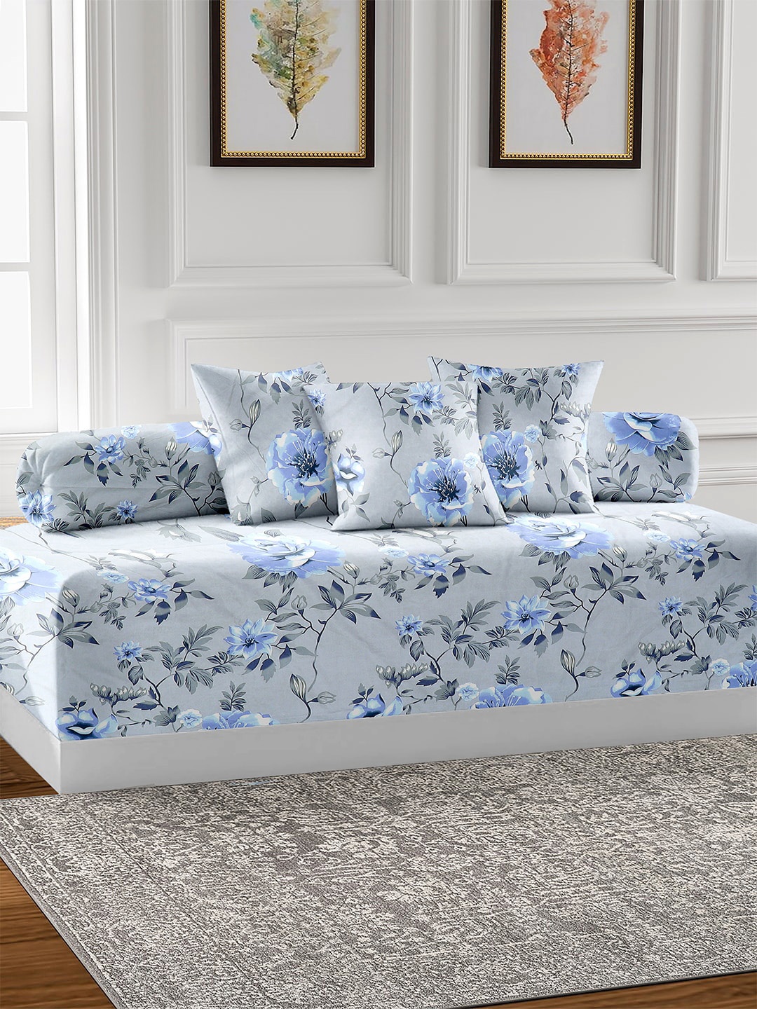 

AEROHAVEN Grey & Blue 6-Pieces Printed 210 TC Cotton Diwan Set