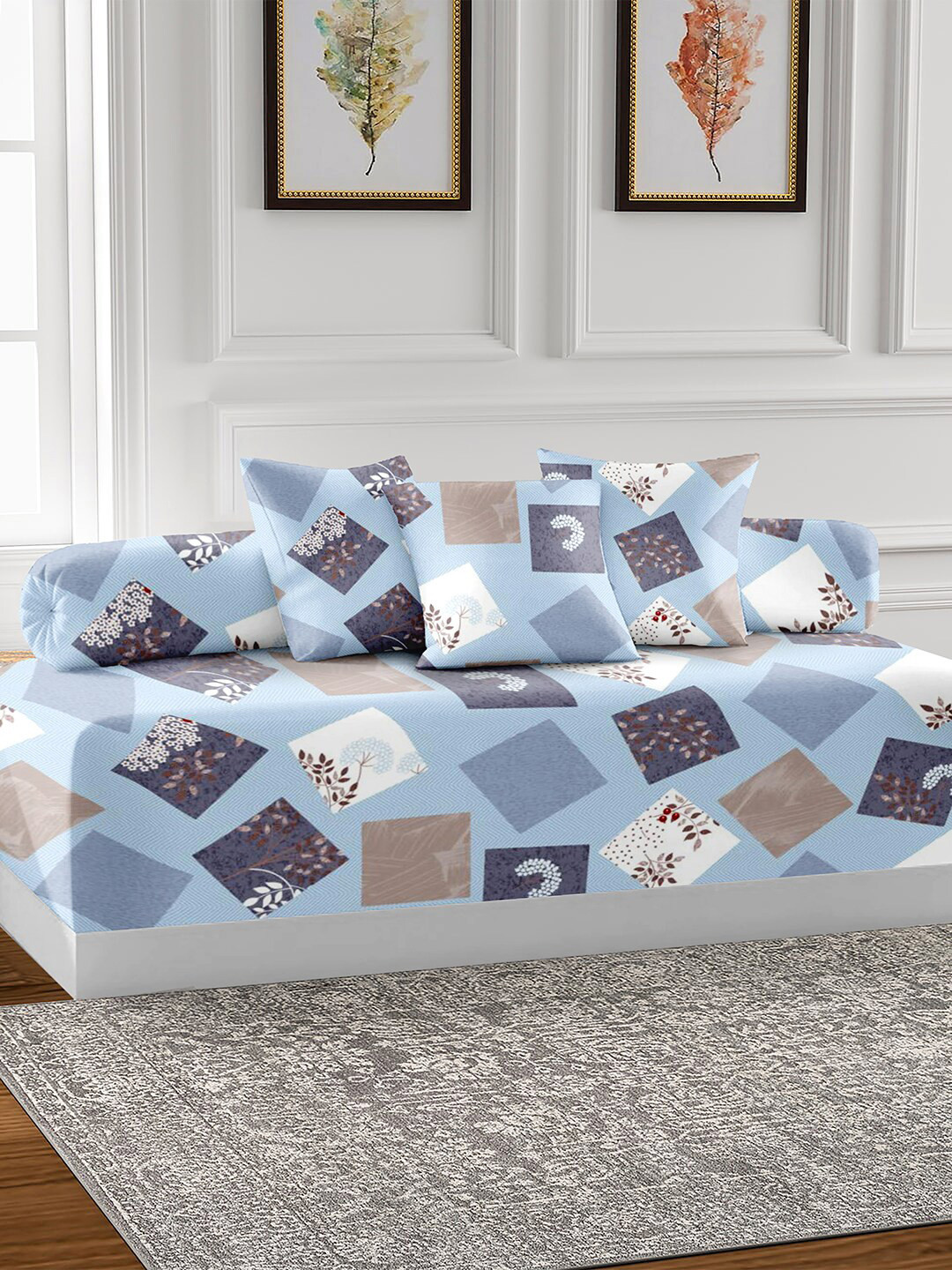 

AEROHAVEN Blue 6 Pieces Abstract Printed 210 TC Cotton Diwan Set