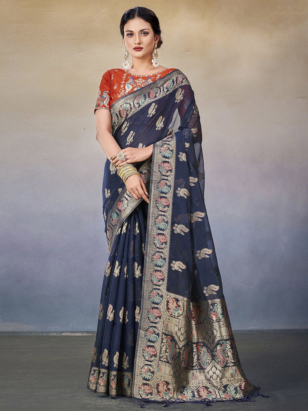 

Satrani Ethnic Motif Woven Design Zari Banarasi Saree, Navy blue
