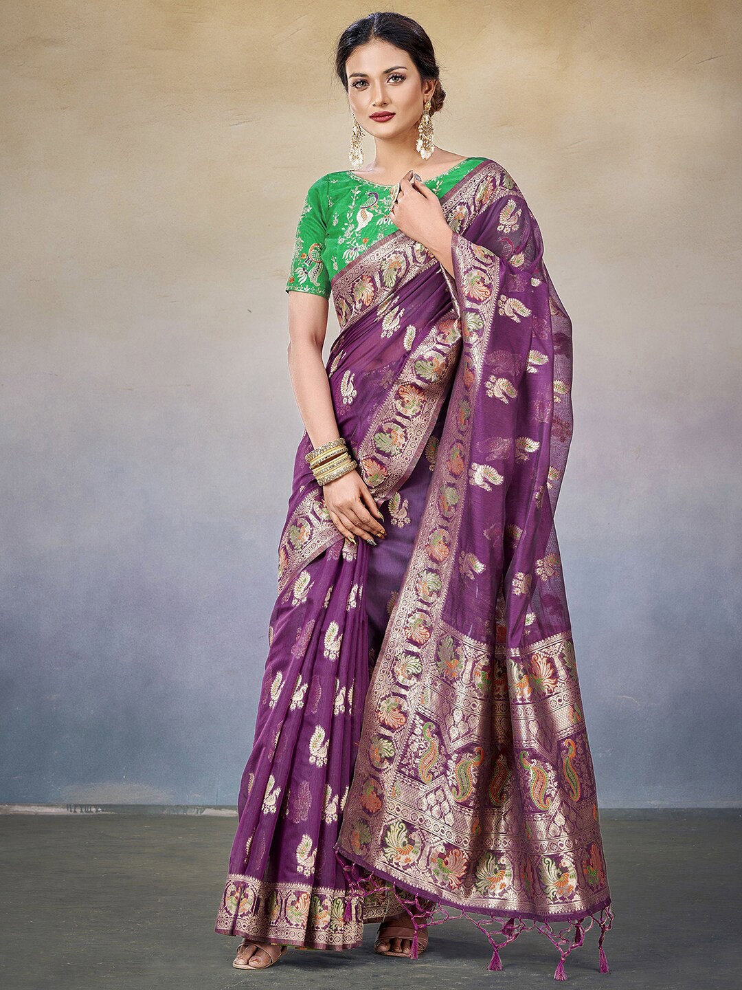 

Satrani Ethnic Motif Woven Design Zari Banarasi Saree, Purple