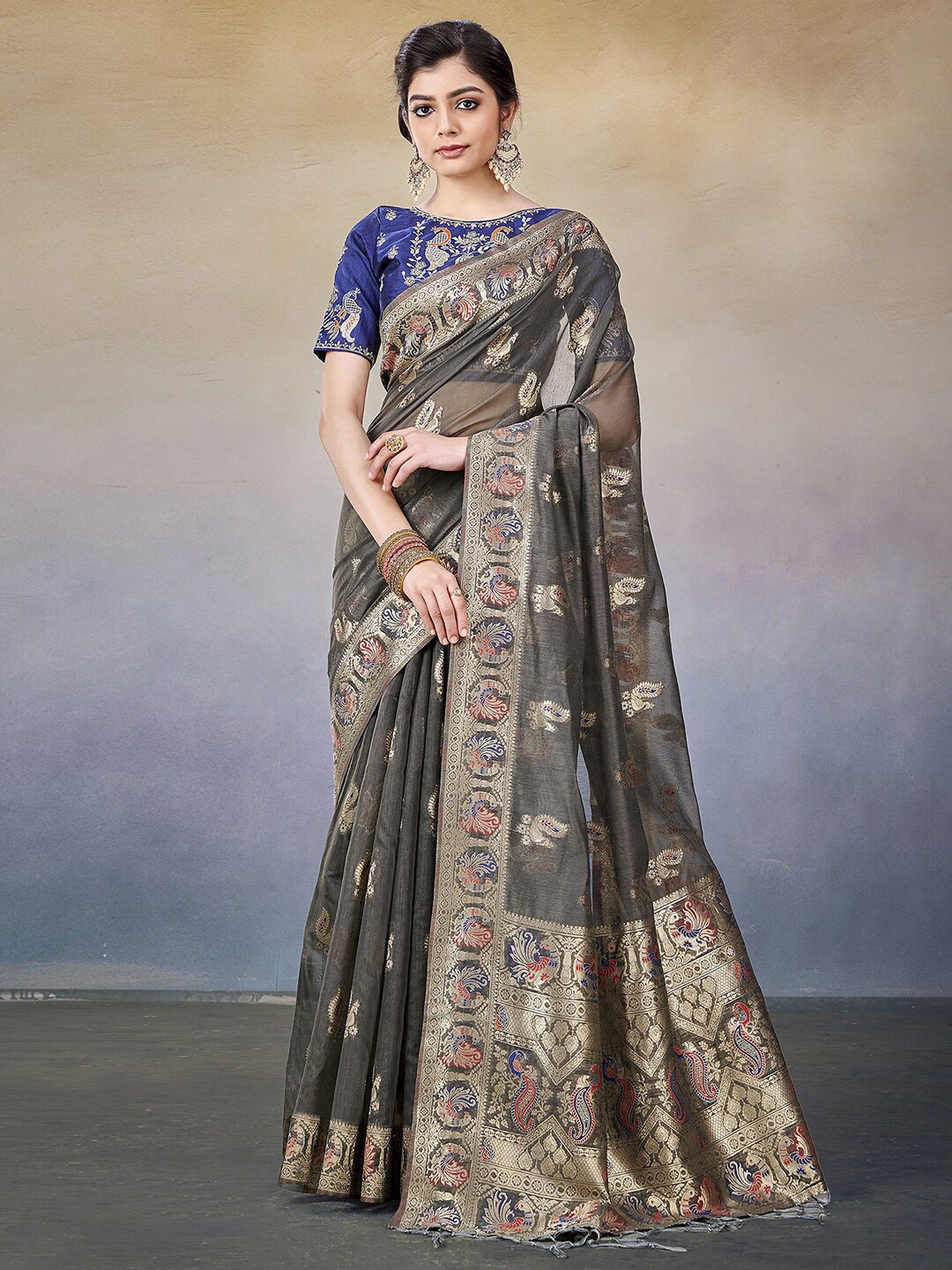 

Satrani Ethnic Motif Woven Design Zari Banarasi Saree, Grey