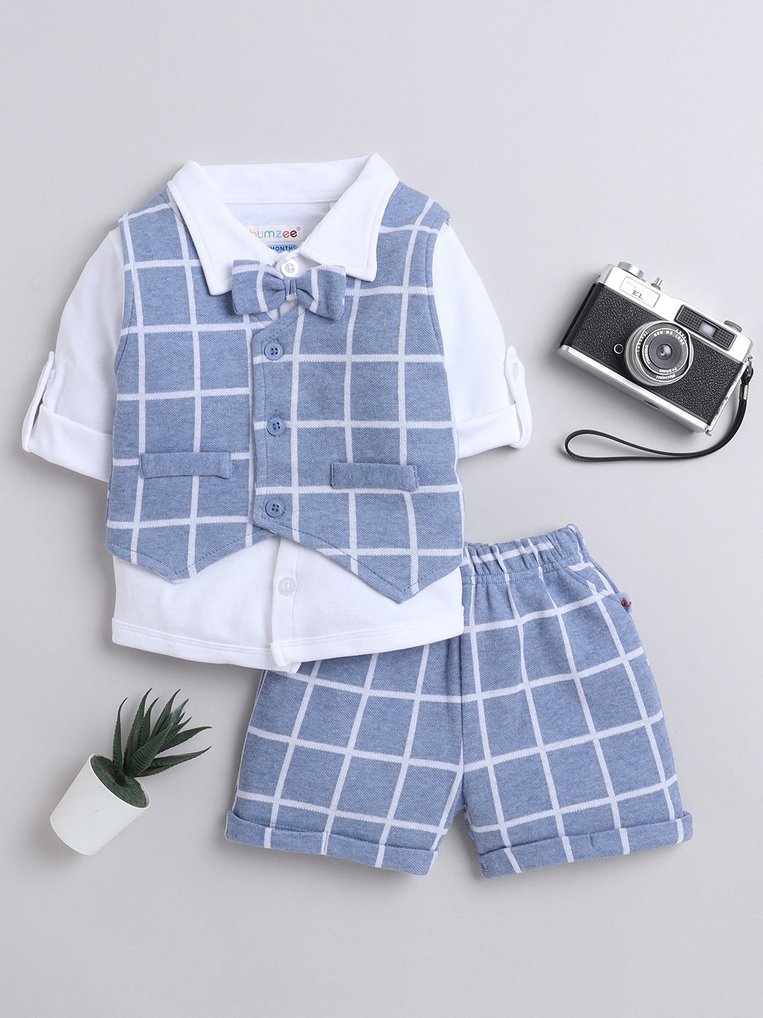 

BUMZEE Infant Boys Pure Cotton Shirt With Shorts & Waistcoat, Blue
