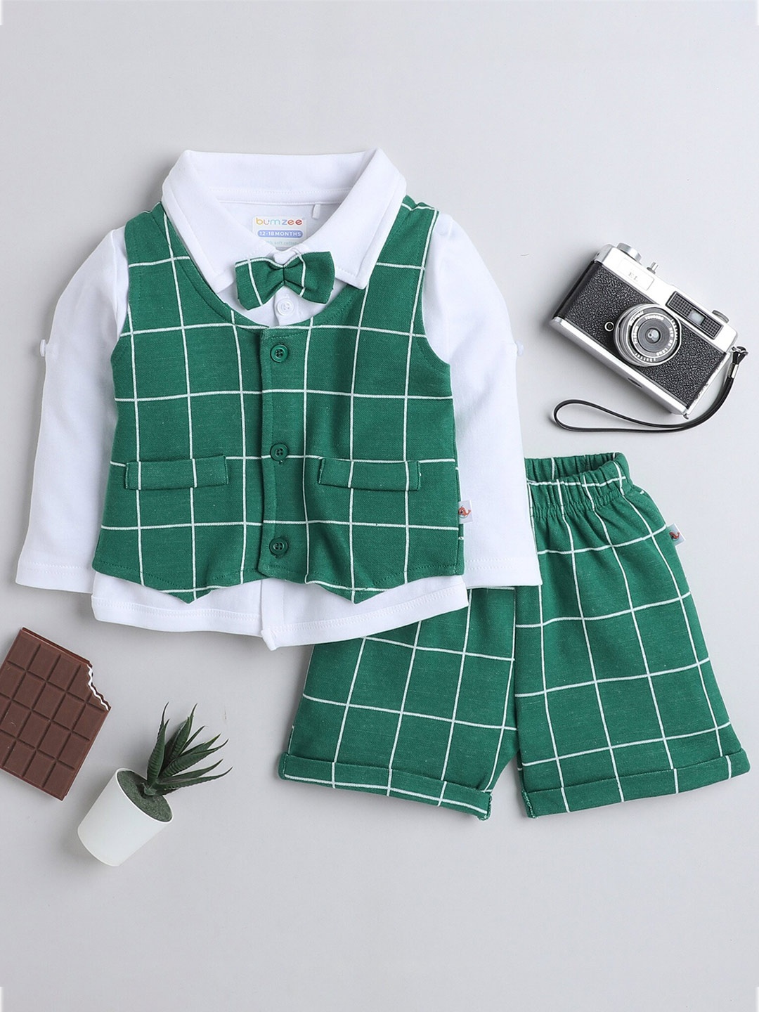 

BUMZEE Infants Boys Pure Cotton Shirt & Shorts With Waistcoat & Bow, Green
