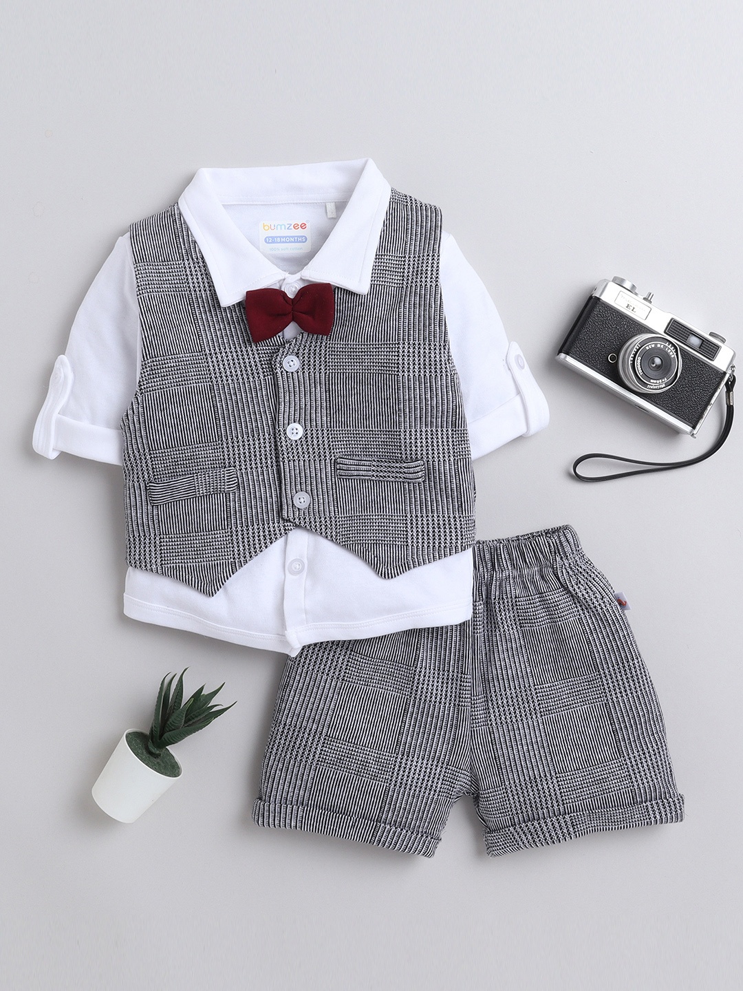 

BUMZEE Infant Boys Pure Cotton Shirt With Shorts & Waistcoat, Grey