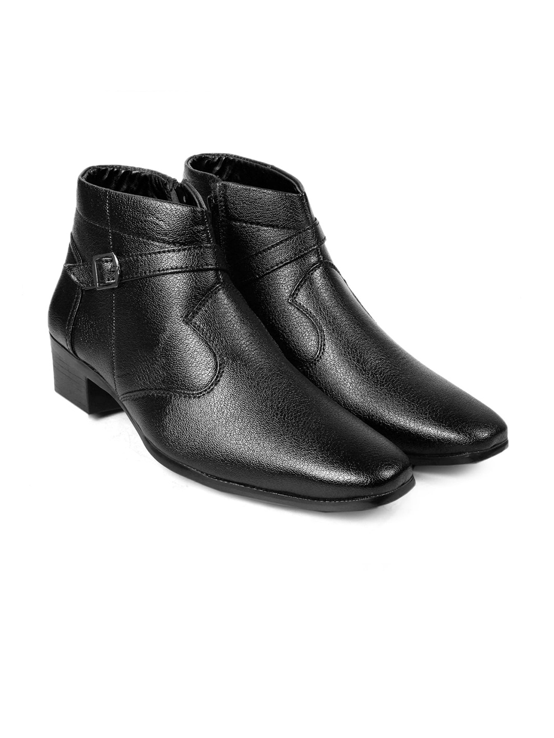 

Bxxy Men Textured Mid Top Height Increasing Formal Boots With Buckle Detail, Black