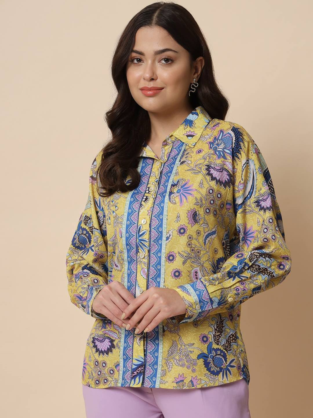 

Beatnik Floral Printed Long Sleeves Casual Shirt, Yellow