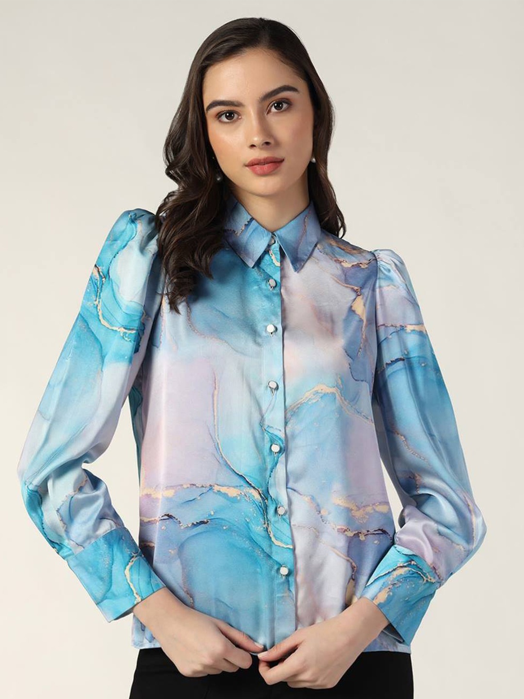 

Beatnik Cuffed Sleeves Satin Shirt Style Top, Blue