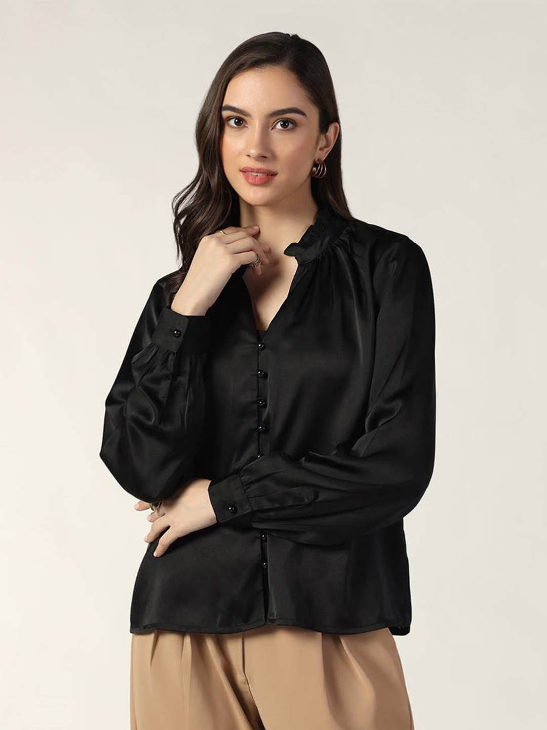 

Beatnik Mandarin Collar Cuffed Sleeves Satin Shirt Style Top, Black