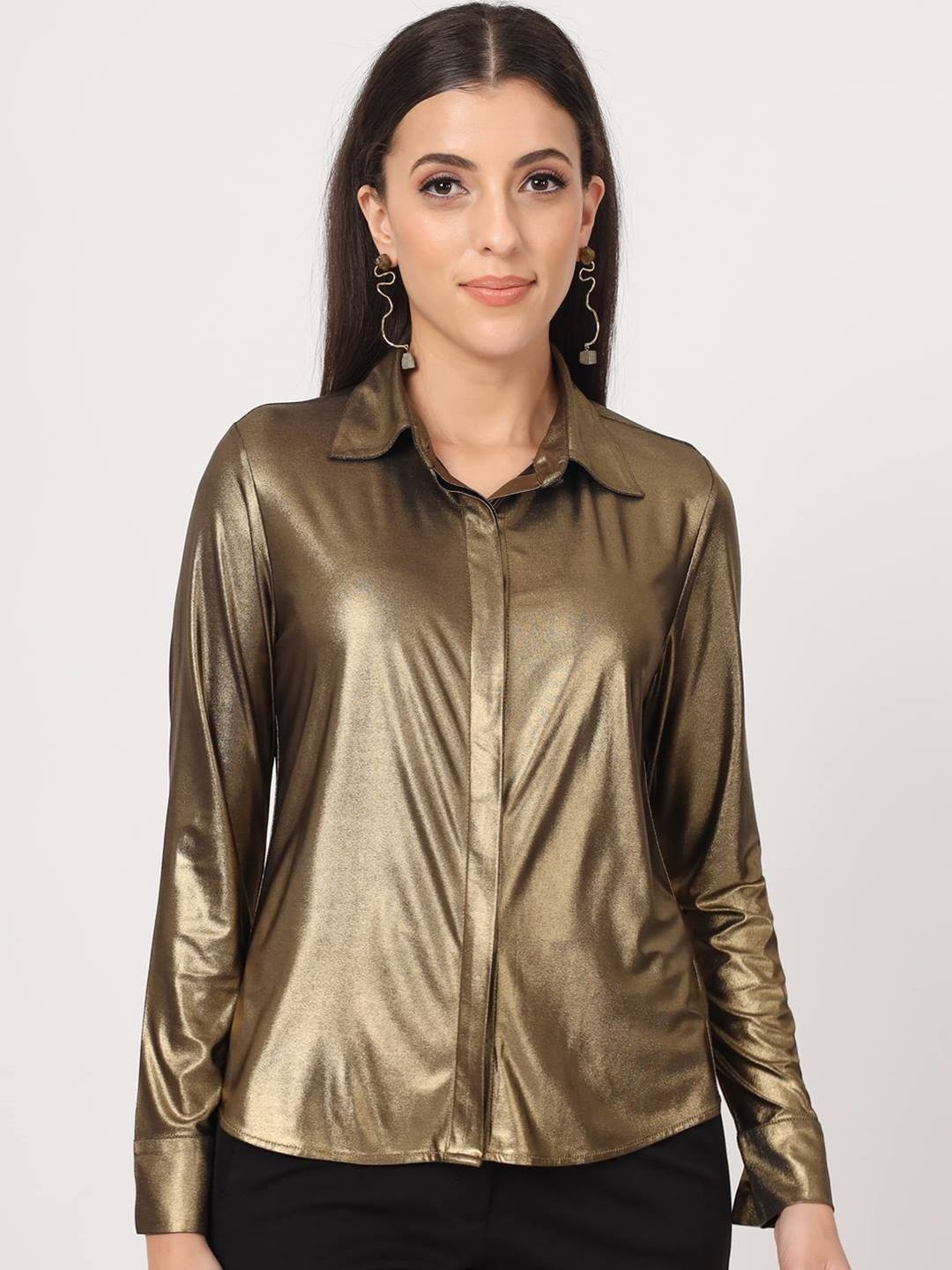 

Beatnik Spread Collar Long Sleeves Casual Shirt, Gold